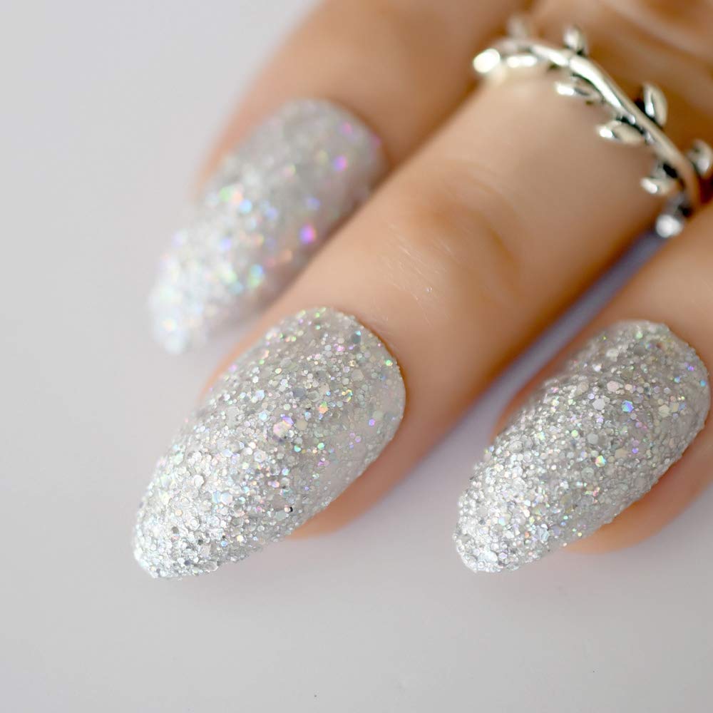 24 Pack Unicorn Mix Glitter Press On Nails - Rainbow Chrome Silver Dust UV Fake Nails with Shimmer Pointed Tips | Perfect for Parties, Halloween, Cosplay & Special Occasions