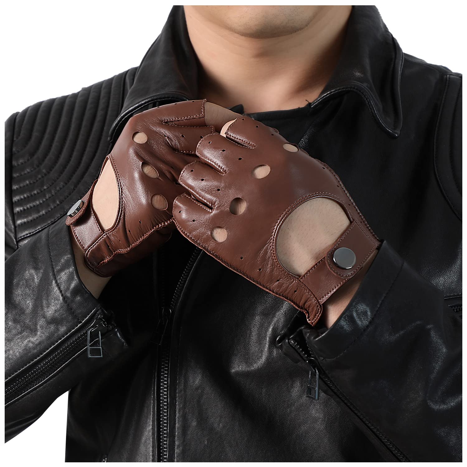 GSG Men's Fingerless Leather Gloves - Breathable Half Finger Gloves for Driving, Cycling & Motorcycle Riding - Perfect for Outdoor Sports & Commuting