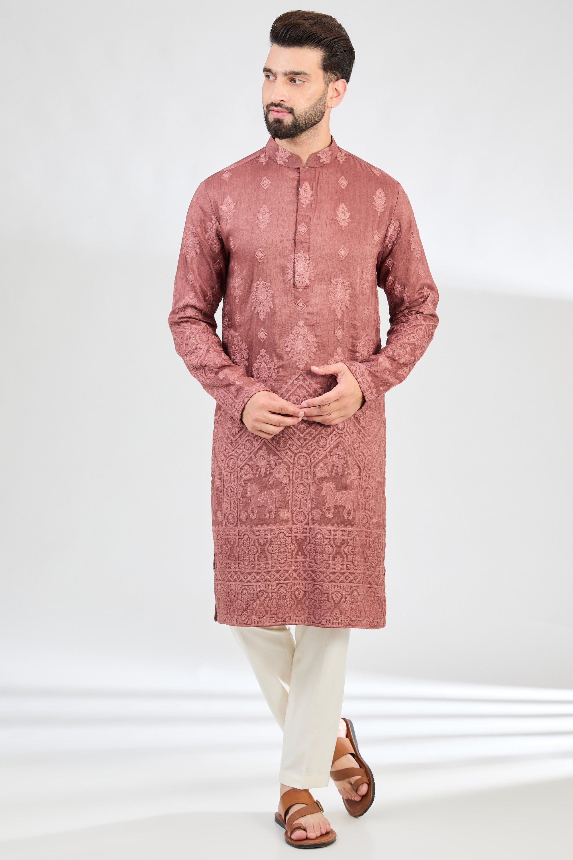 Elegant Mauve Taupe Chikankari Kurta with Intricate Horse Motifs - Perfect for Festivals, Weddings, and Ethnic Fashion
