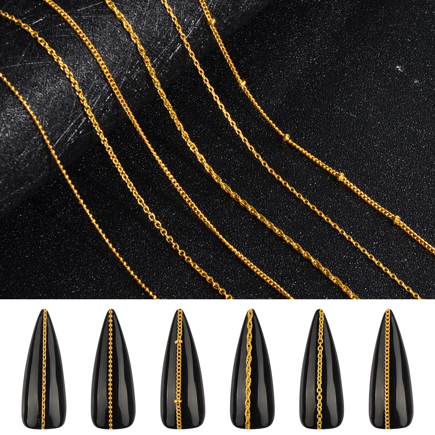 6 Strips 3D Metal Nail Art Chains - Gold Punk Nail Studs & Beads for Nail Art Decoration | DIY Manicure Jewelry Accessories for Punk, Gothic & Party Nail Designs