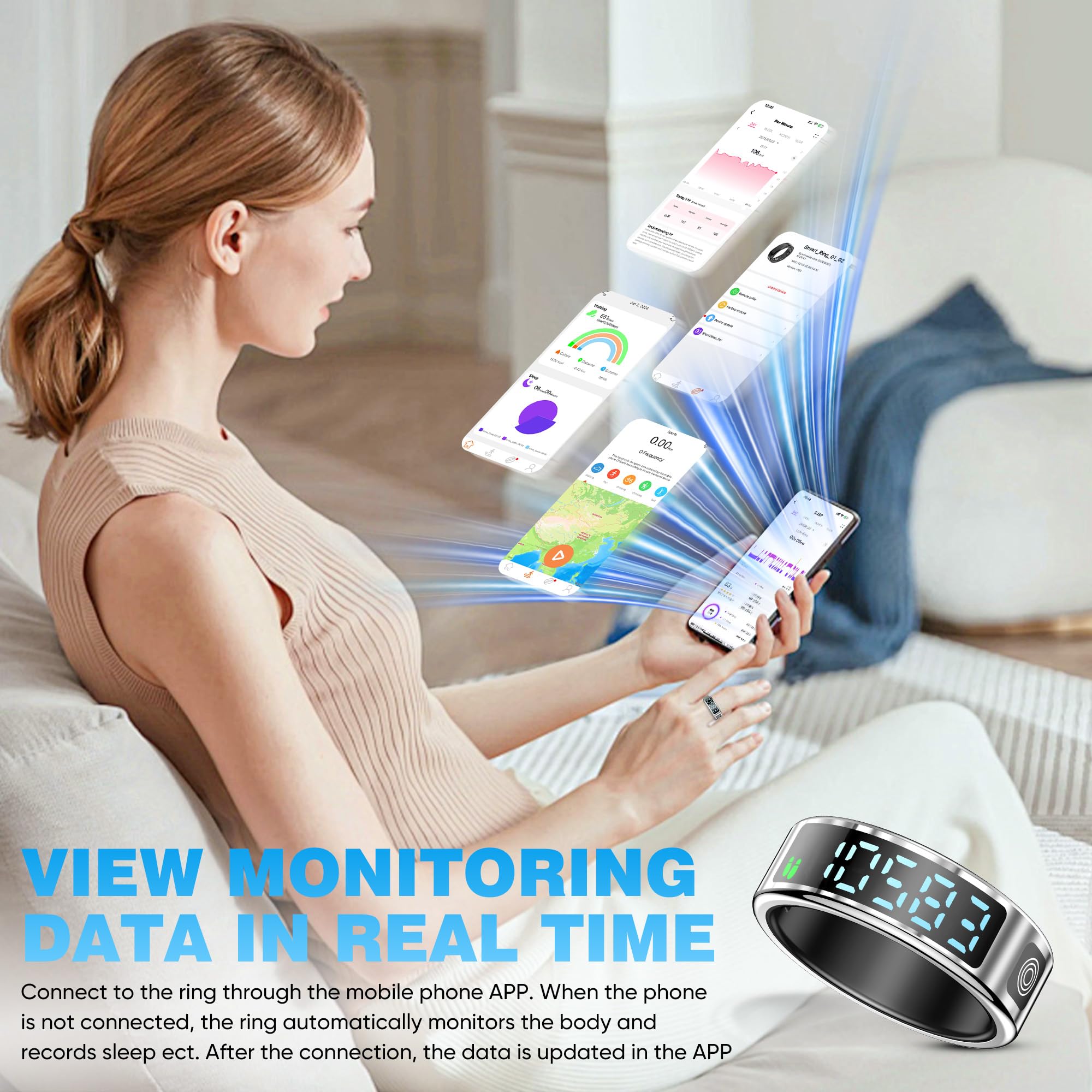 Smart Ring with LED Display - Track Activity, Sleep & Steps - Bluetooth Connected - IP68 Waterproof Fitness Tracker for iPhone & Android - Perfect for Workouts, Sleep Monitoring & Daily Health Tracking (Silver Size 10)