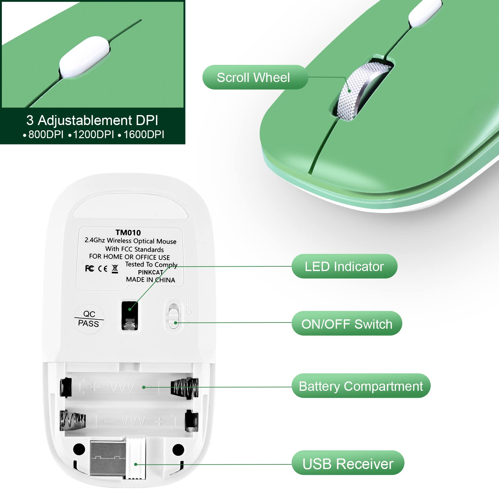 PINKCAT 2.4G Slim Silent Wireless Mouse with USB Receiver, 3 Adjustable DPI Portable Optical Cordless Mouse for Laptop, PC, Notebook, Desktop, Mac - Ideal for Office, Home, and Travel Use (Green)