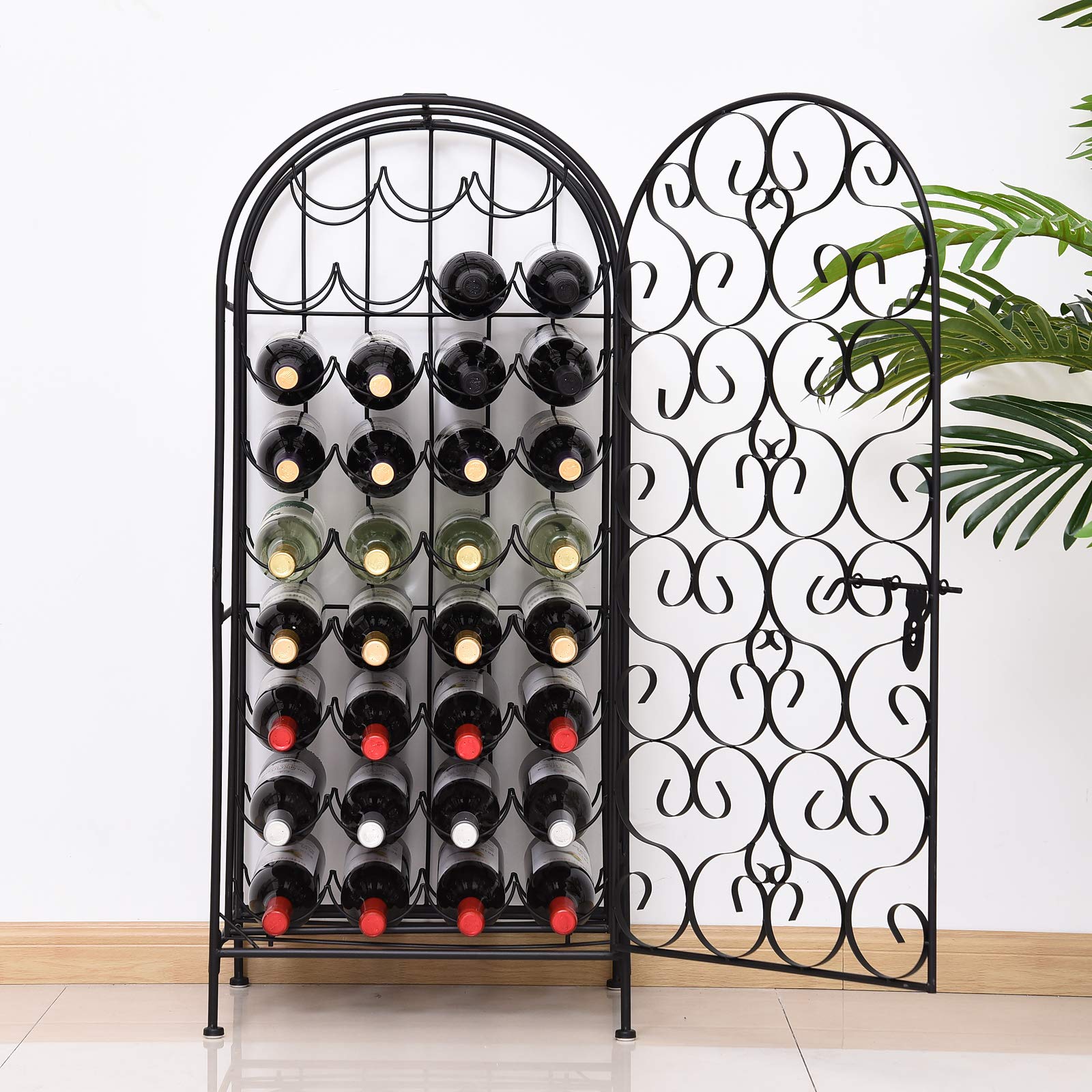 HOMCOM 35 Bottle Black Wrought Iron Wine Rack Cabinet with Lock - Freestanding Wine Storage for Home, Bar, Restaurant, or Cellar Organization