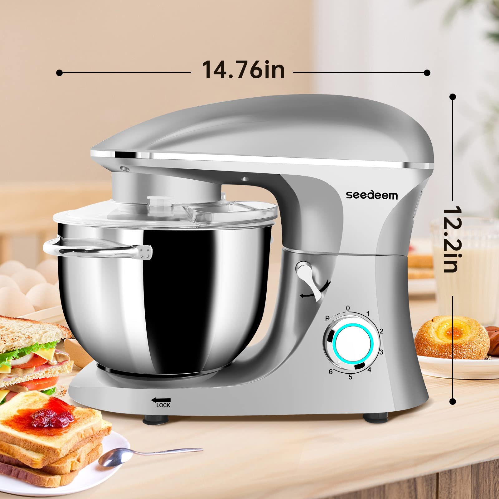 Seedeem 6Qt Stand Mixer, 660W Electric Food Mixer with Tilt-Head, 6-Speed Dough Mixer - Includes Dishwasher-Safe Dough Hook, Wire Whip & Beater - Perfect for Baking Bread, Cakes, Cookies & More (Silver)