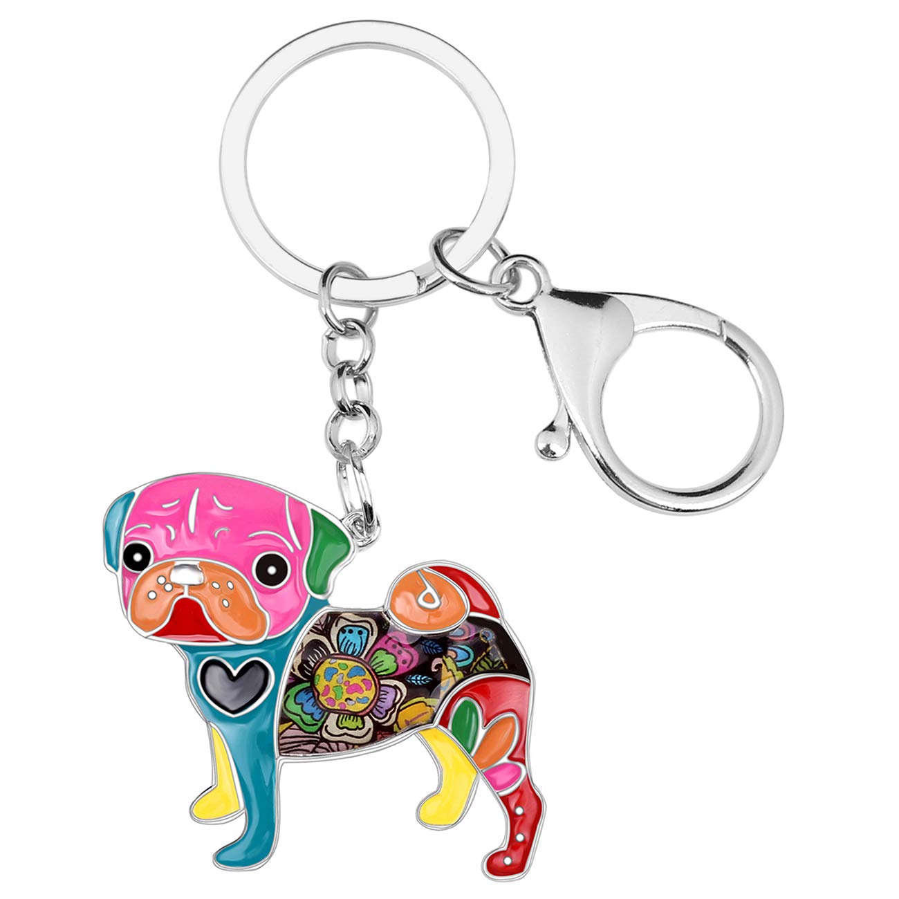 BONSNY Enamel Metal Floral Pug Dog Keychain - Cute Animal Keyring for Women, Car Keys, Purse & Bag Accessories - Perfect Gift for Dog Lovers & Pet Owners