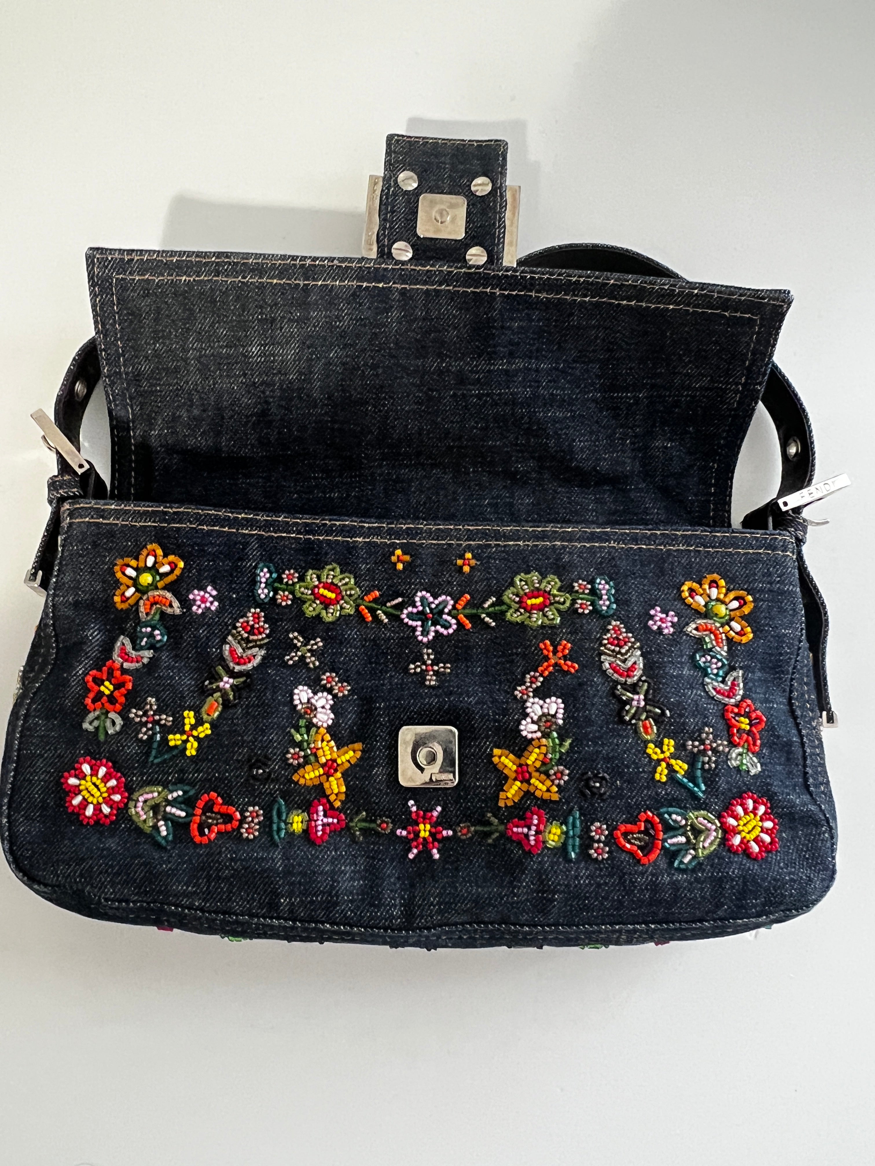 Fendi 15th Anniversary Limited Edition Denim Floral Beaded Baguette Handbag - Perfect for Parties, Weddings & Special Occasions