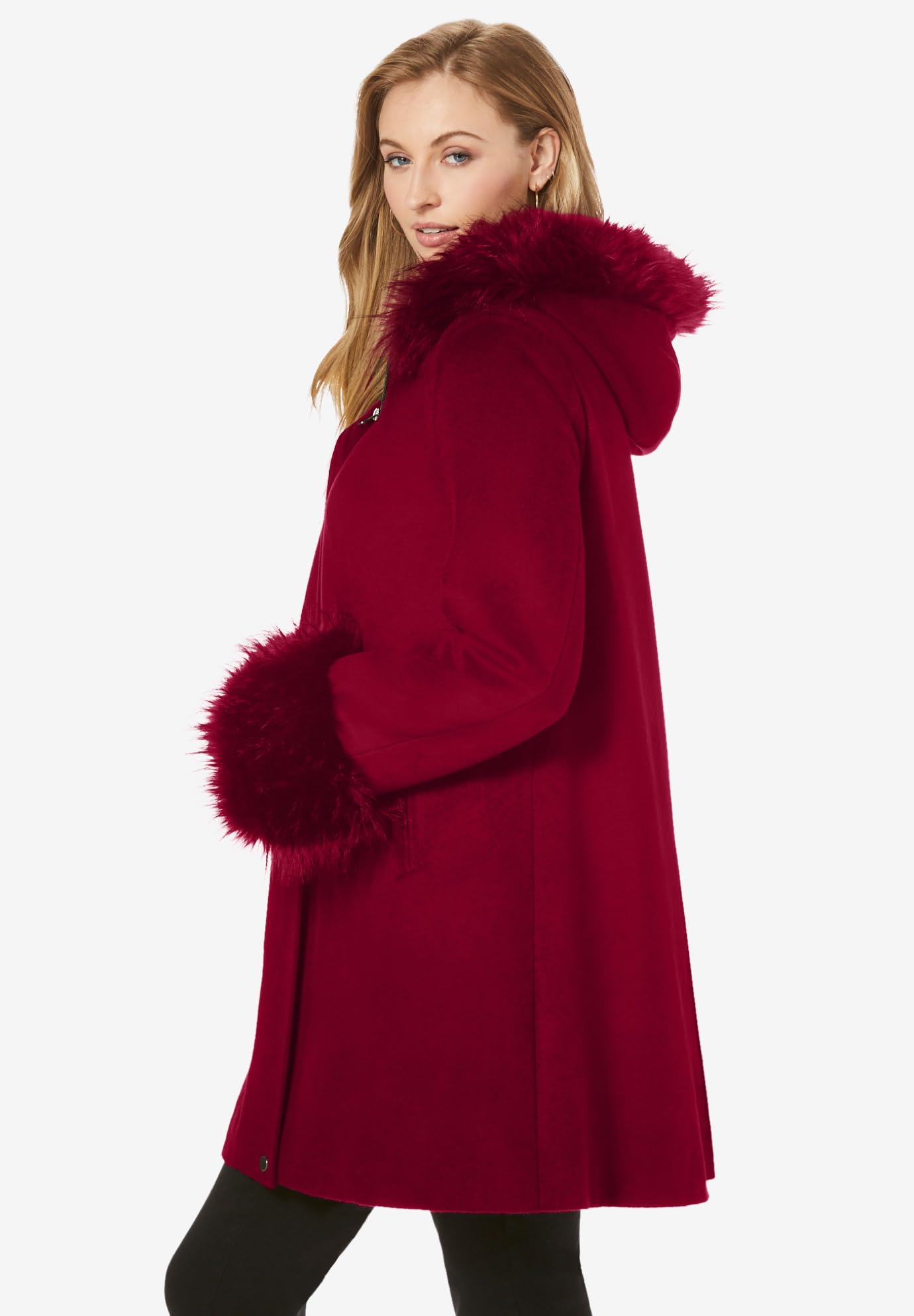 Jessica London Women's Plus Size Hooded Faux Fur Trim Coat - Warm Winter Outerwear for Casual & Dressy Occasions