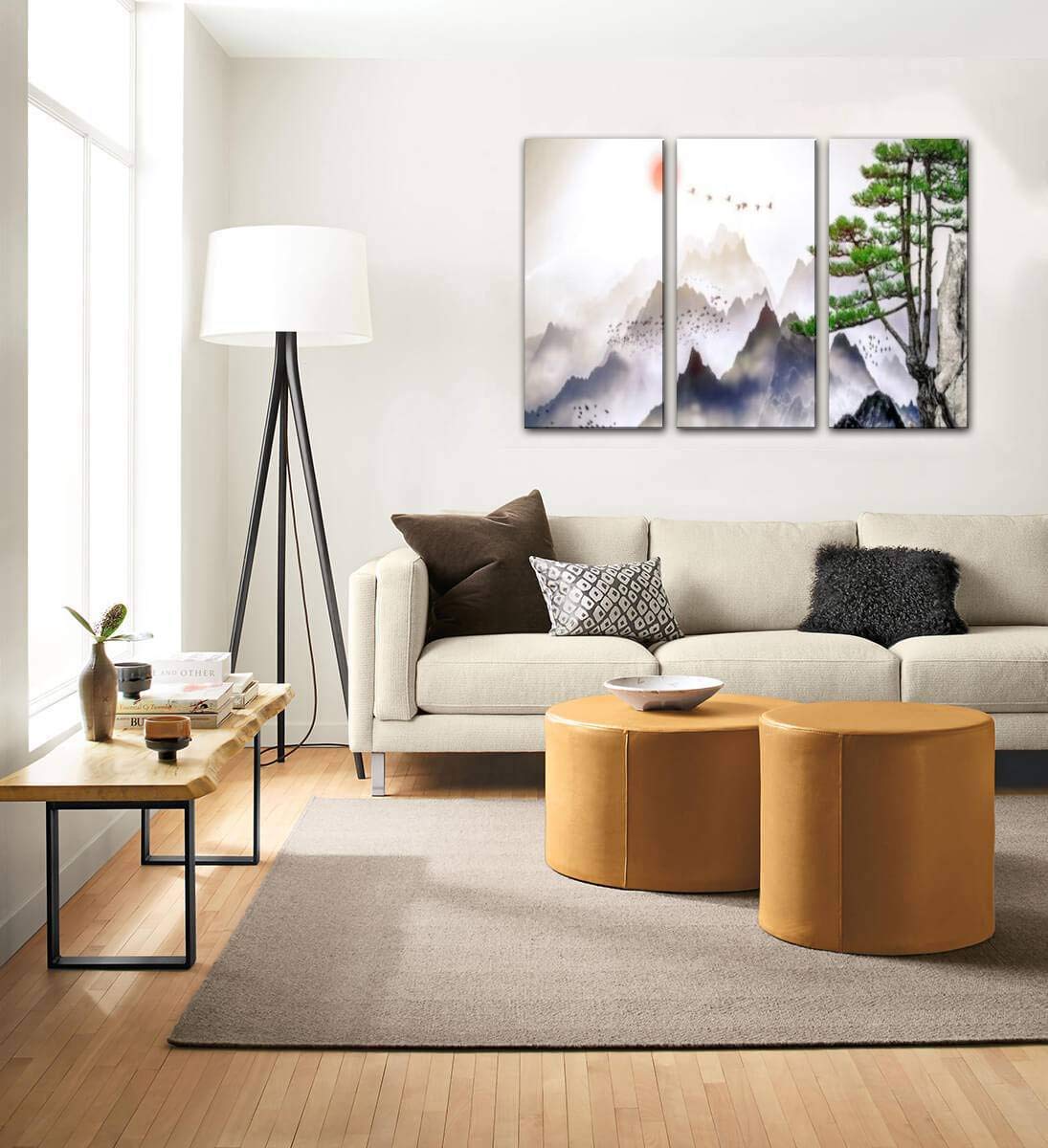 Pine Trees Distant Mountains Clouds Sunrise Landscape Canvas Wall Art - Modern 3 Panel Painting for Office Living Room Bedroom Decor - Perfect for Home & Workspace Interior Design