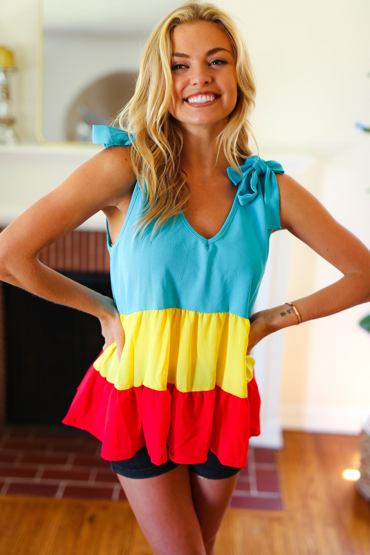 Elegant Multicolor Tiered Shoulder Tie Bow Crepe Blouse for Women | Casual & Party Wear | Perfect for Dates, Office & Special Occasions