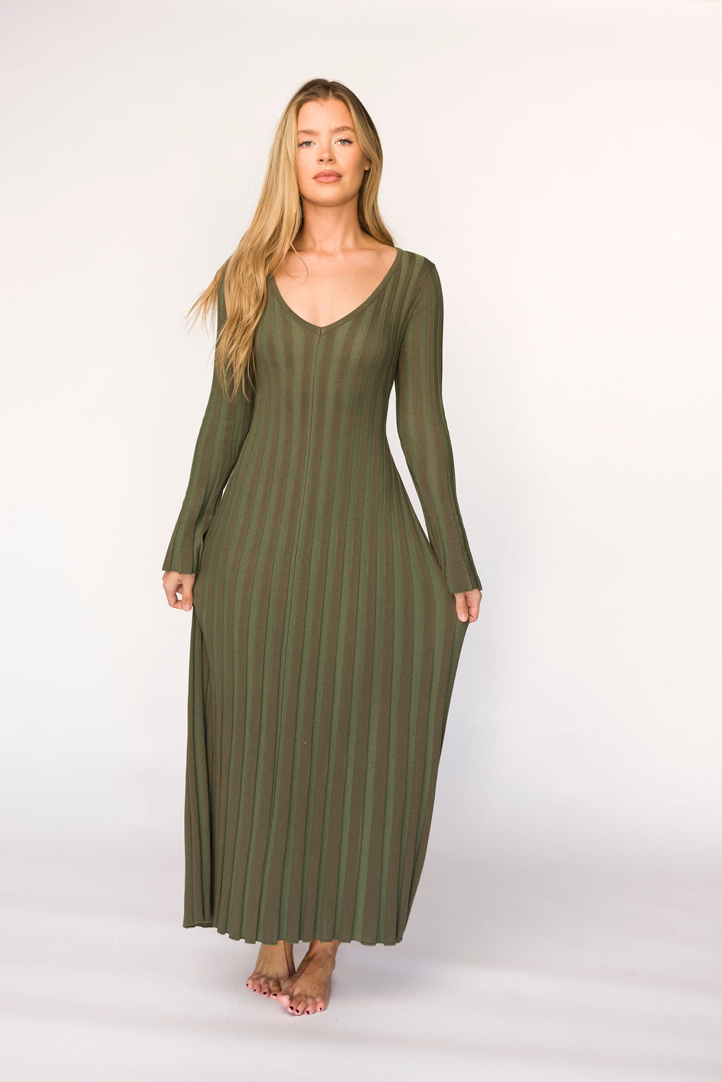 Hadley Long Sleeve V Neck Knit Maxi Dress in Olive - Bump Friendly Maternity Dress for Pregnancy, Nursing & Postpartum | Comfortable Stretchy Fabric for Casual Wear, Date Night & Special Occasions