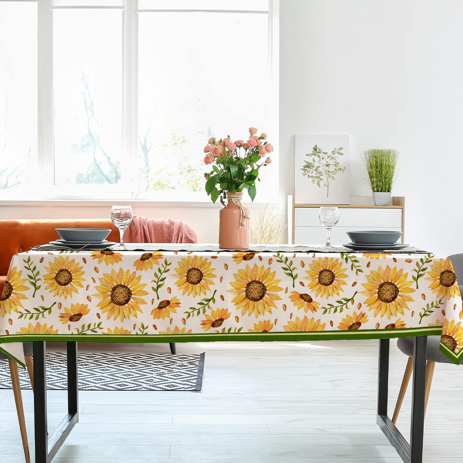 Sunflower Tablecloth - Yellow Floral Waterproof Fabric for Indoor & Outdoor Use, Wrinkle-Free & Durable, Fits Rectangle Tables 60x84, 60x102, 60x120 Inches - Perfect for Picnics, Parties, and Dining Decor