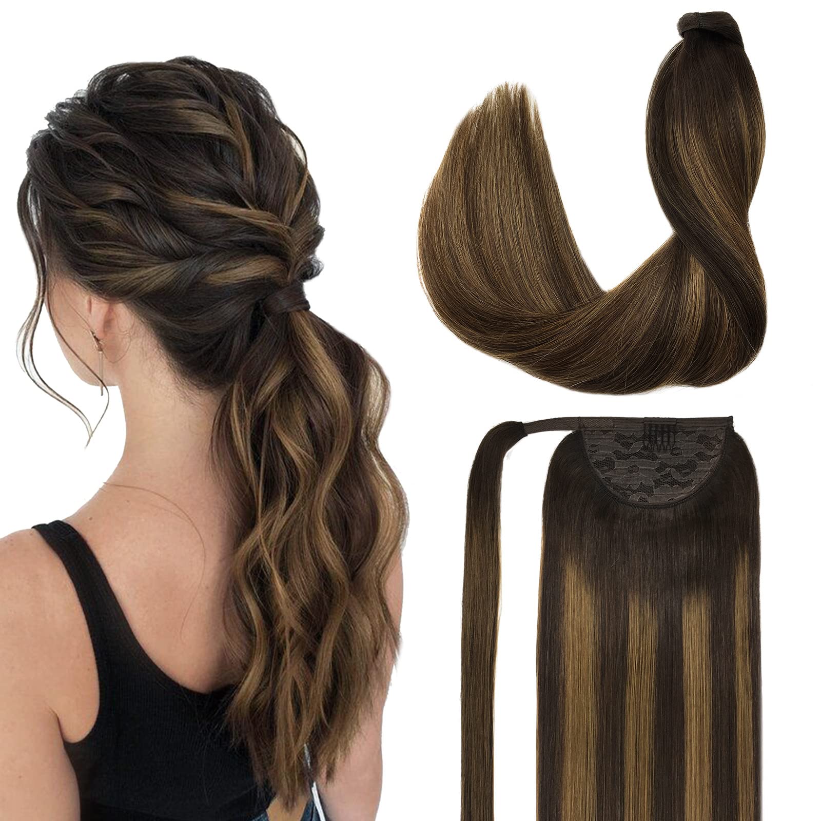 DOORES 14 Inch Clip-in Ponytail Hair Extension - 75g Real Human Hair, Balayage Dark Brown to Chestnut Brown, Straight Heat Resistant Invisible Magic Paste | Perfect for Parties, Weddings, Cosplay & Daily Styling