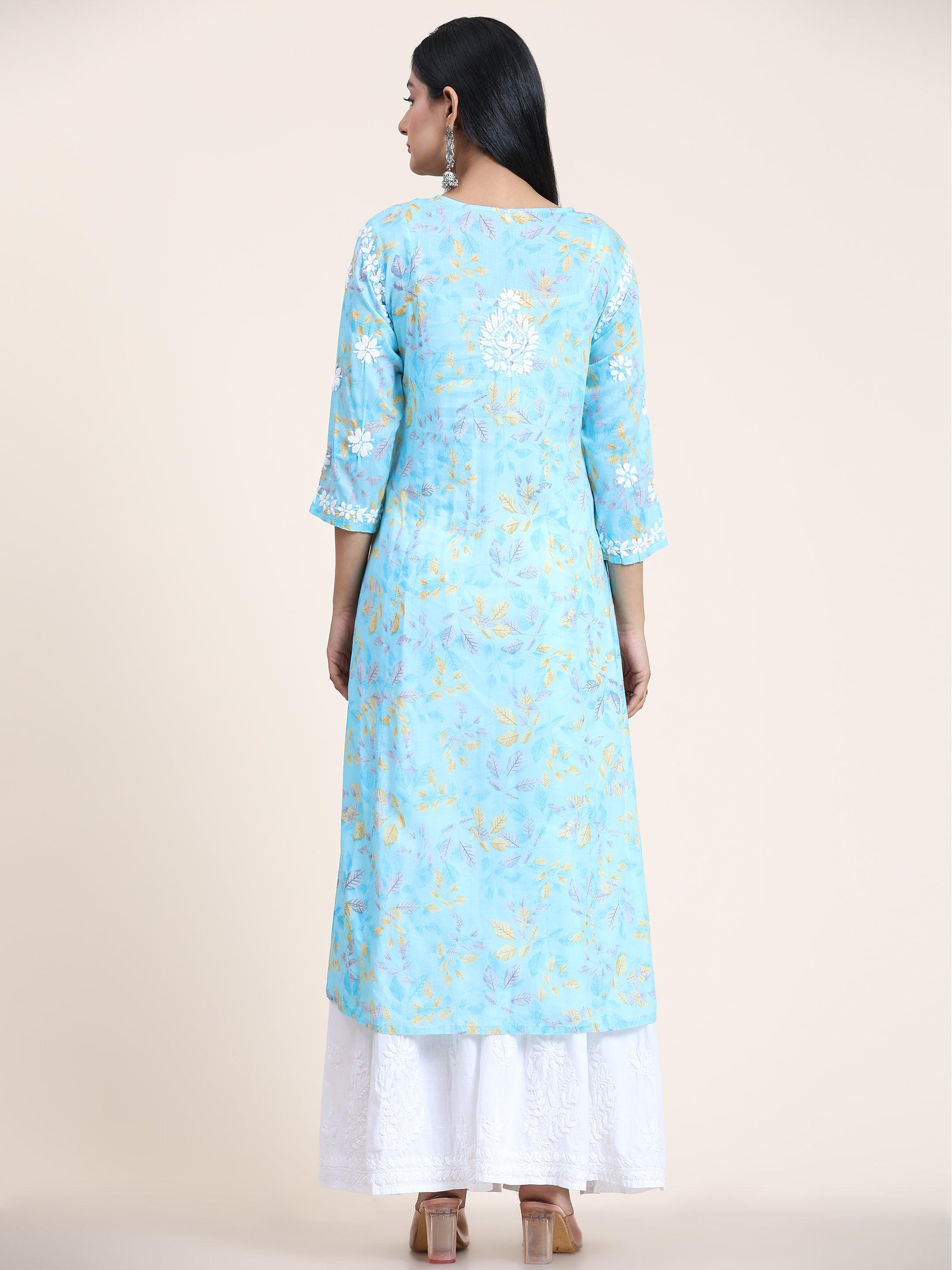 Fizaa Mul Printed Hand Embroidery Chikankari Kurta for Women - Light Blue Cotton Ethnic Tunic | Perfect for Festivals, Weddings & Casual Wear