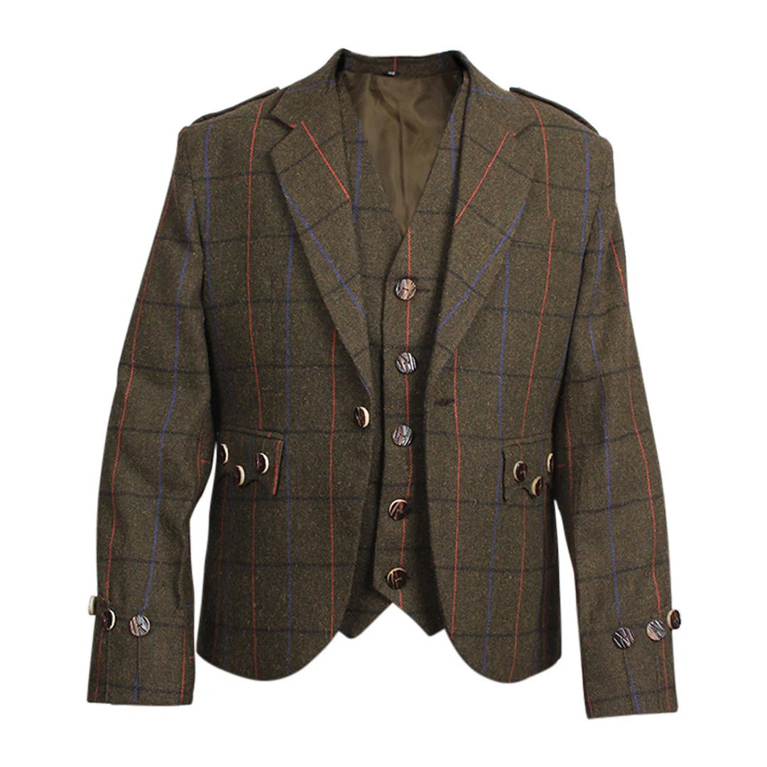 Stylish Brown Tweed Argyll Jacket & Vest Set for Men | Classic Scottish-Inspired Formal Wear | Perfect for Weddings, Parties & Business Events