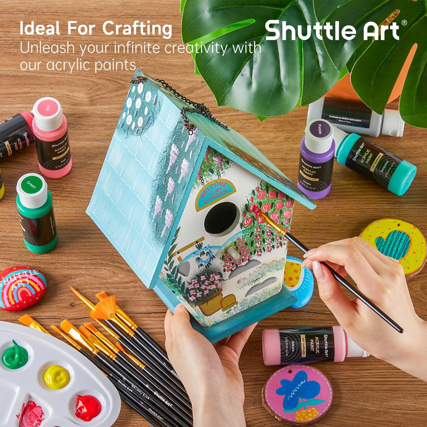 Shuttle Art 54 Colors Acrylic Paint Set with 12 Brushes - 2oz/60ml Rich Pigmented Waterproof Premium Paints for Artists, Beginners & Kids - Perfect for Canvas, Rocks, Wood & Ceramic Painting Projects