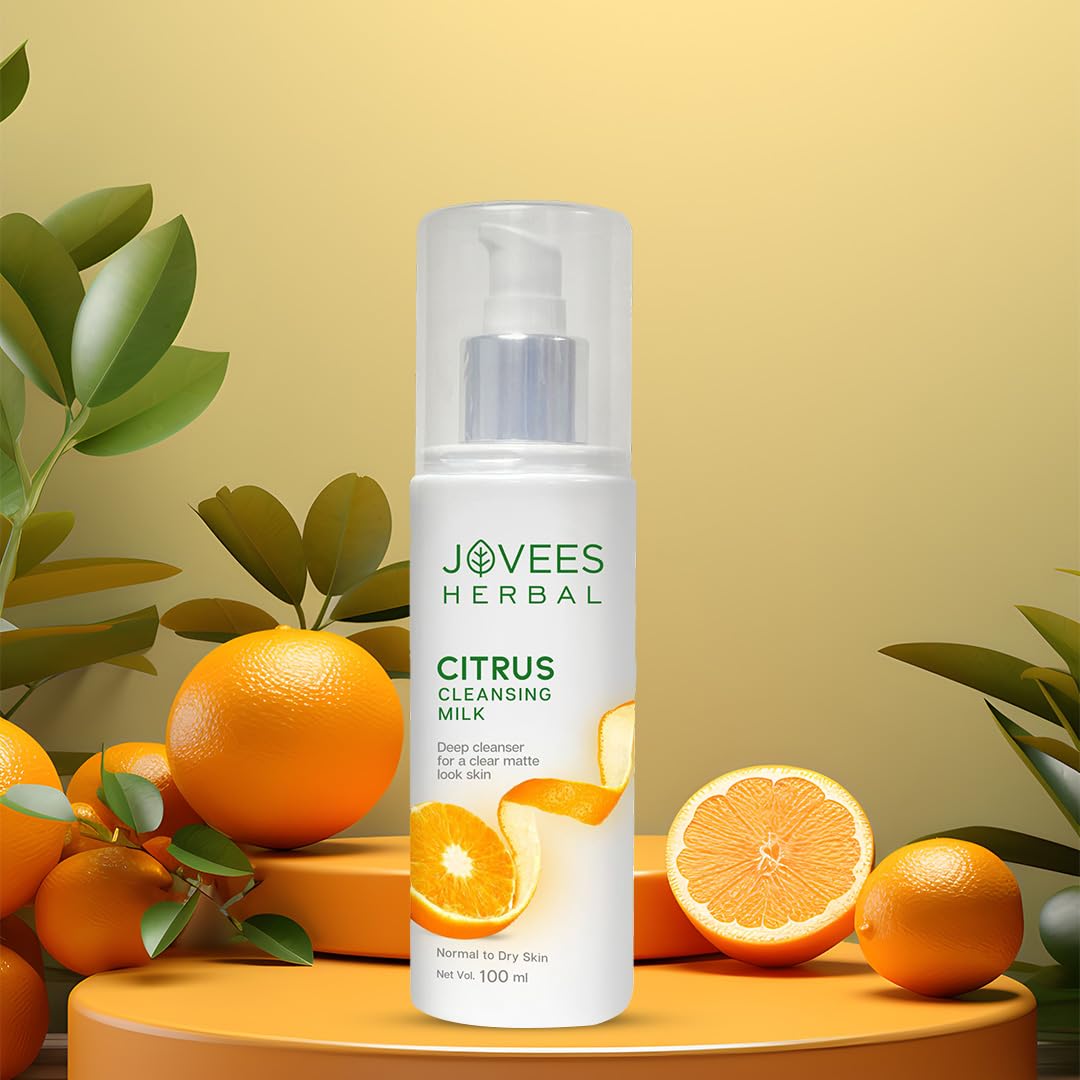 Jovees Herbal Citrus Cleansing Milk with Lemon Peel, Almond & Coconut Oil - Gentle Face Wash for Soft, Clean & Healthy Skin | Makeup Remover & Dirt Cleanser for Normal to Dry Skin | Perfect for Daily Skincare Routine & Post-Makeup Cleansing - 100ml