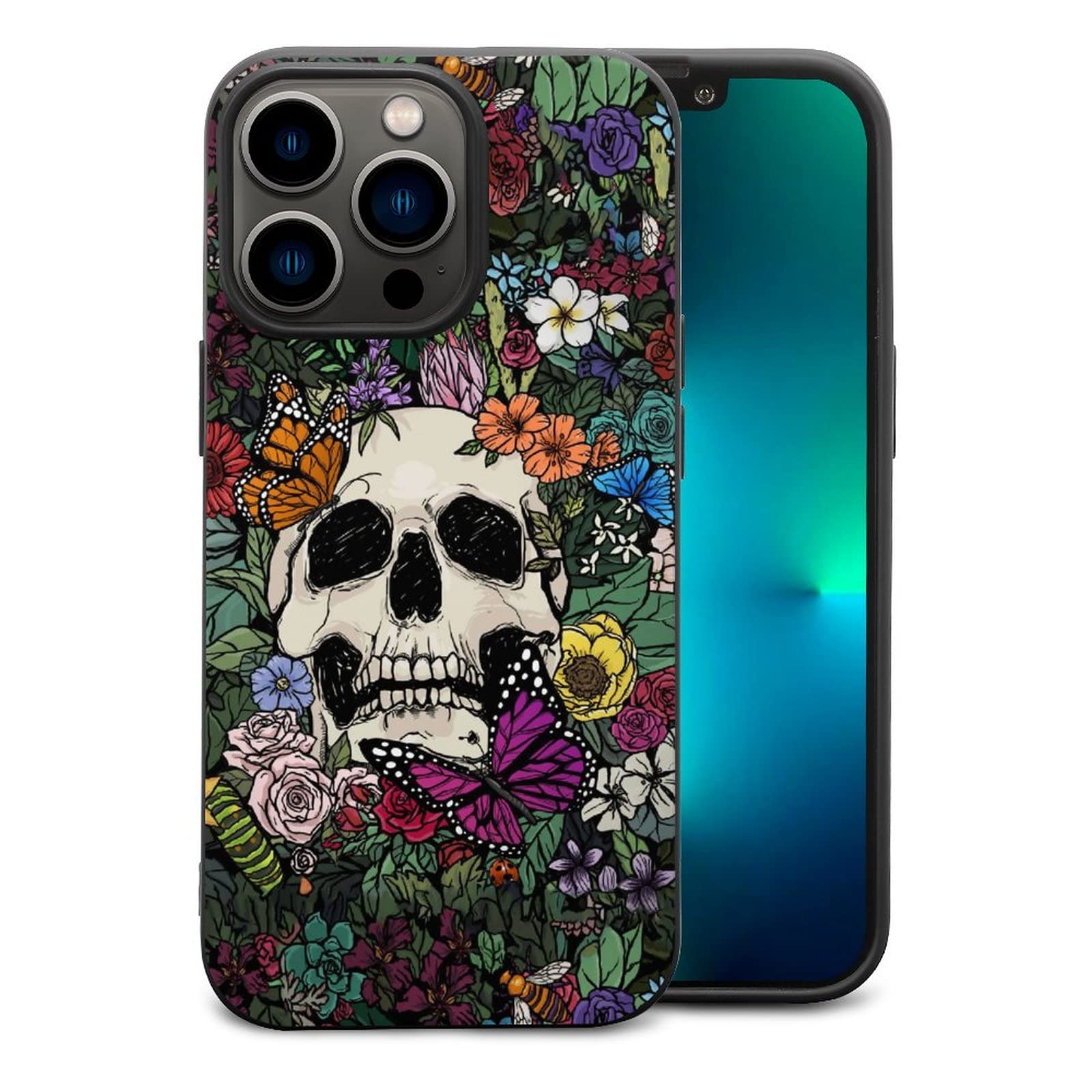 YASHILAIYA iPhone 13 Pro Max Case for Women - Skull with Butterflies & Flowers Design, Slim Soft TPU Shockproof Protective Cover (6.7