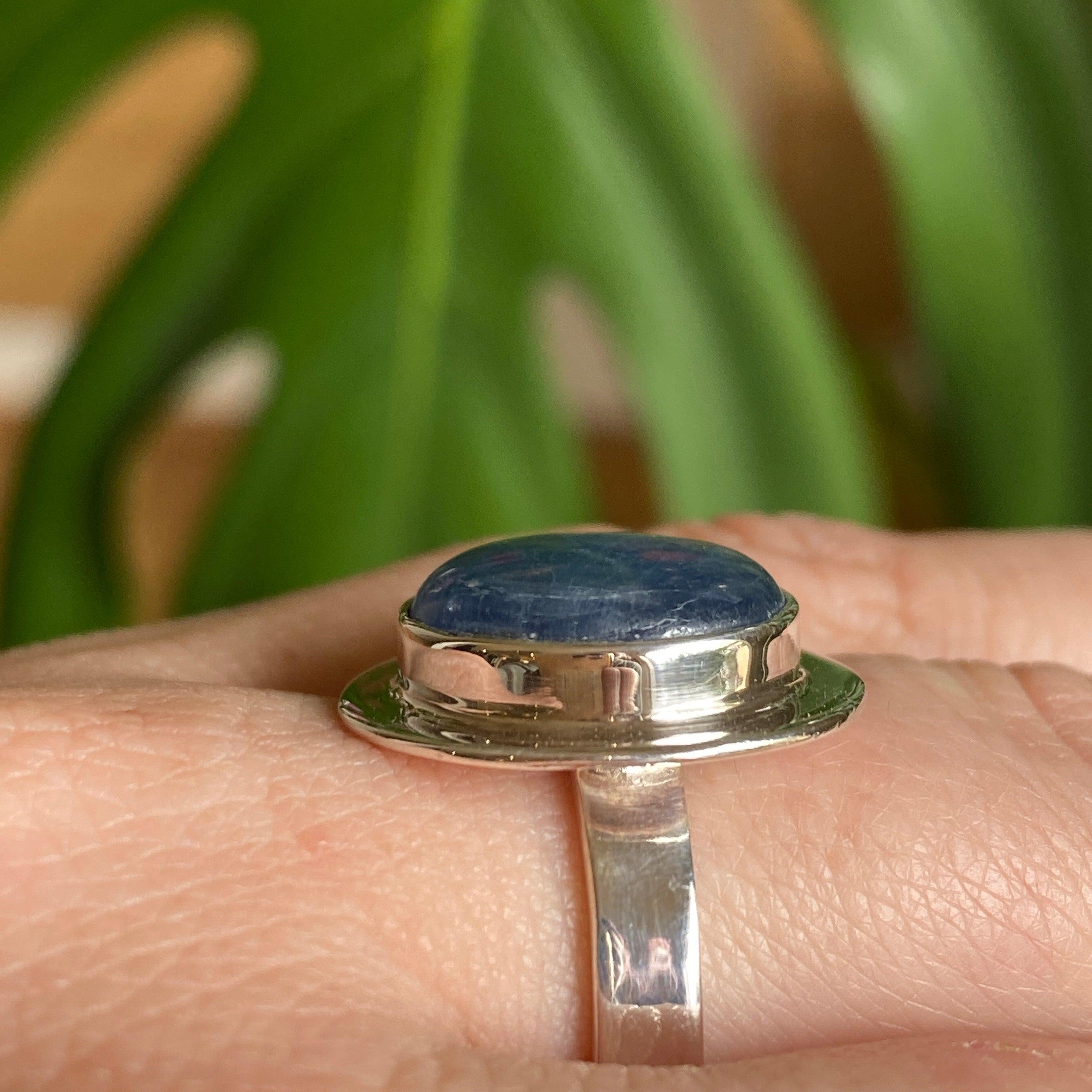 Natural Kyanite Round Cabochon Ring Size 8 - Handmade Sterling Silver Jewelry for Women, Perfect for Everyday Wear & Special Occasions