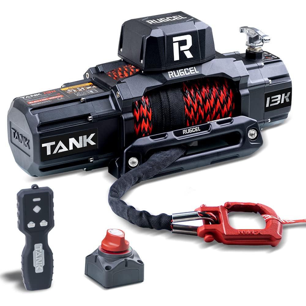 RUGCEL 13500lb Waterproof 12V Electric Winch with Synthetic Rope - Wireless & Wired Remote Control, Hawse Fairlead, Dual Color Rope for Trucks & SUVs - Off-Road Recovery, Towing, and Heavy-Duty Pulling