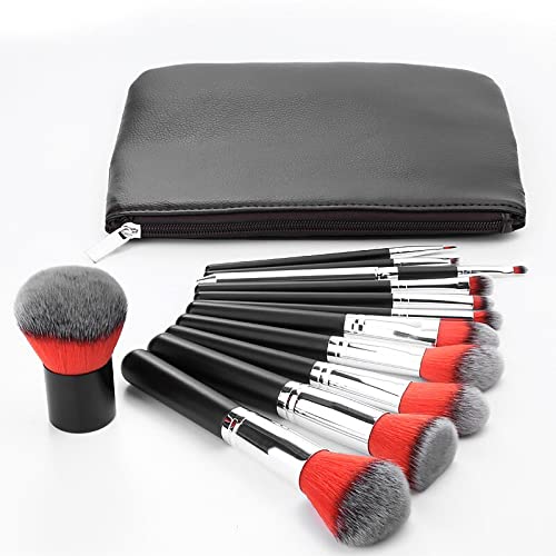 12-Piece Professional Makeup Brush Set - Eye Shadow, Eyeliner, Eyelash & Eyebrow Cosmetic Kit (Black & Silver with Red Handle) for Daily Makeup, Travel & Professional Makeup Artist Use