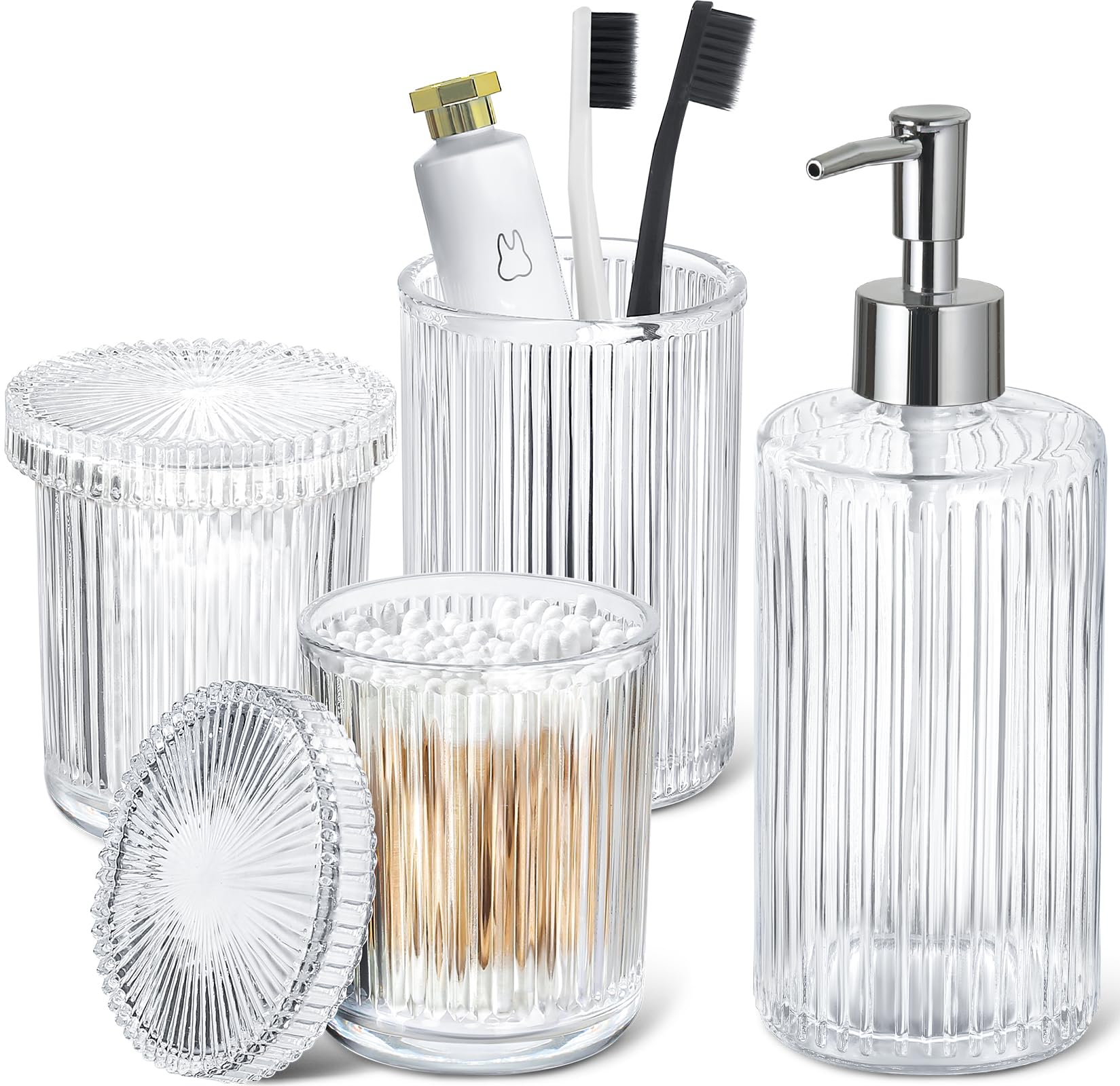 4-Piece Clear Glass Bathroom Accessories Set - Modern Ribbed Soap Dispenser, Toothbrush Holder & 2 Qtips Holders | Sleek Silver Countertop Decor for Bathroom, Vanity & Guest Bath Organization