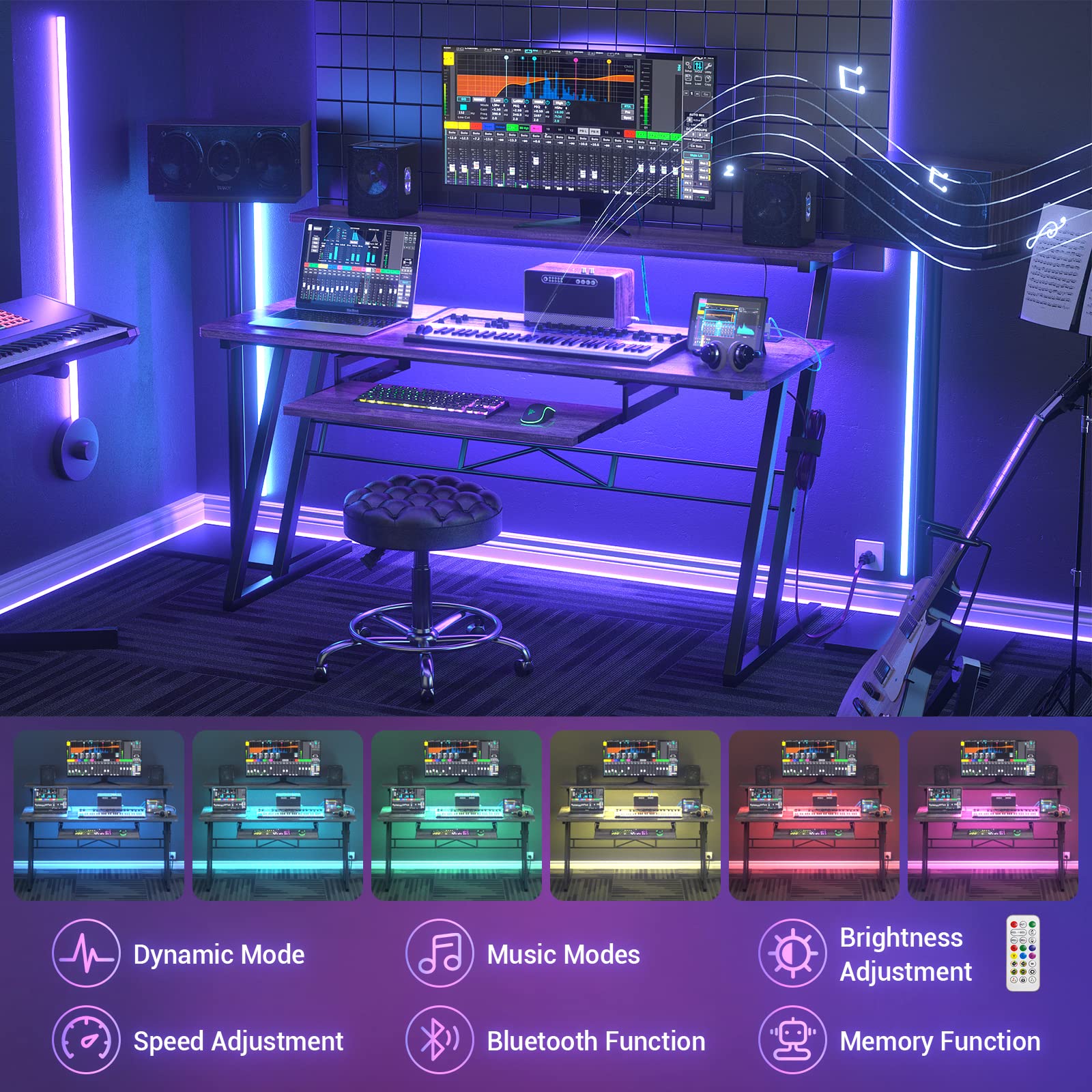 Armocity Music Studio Desk with Power Outlets & RGB LED Lights - Professional Recording Desk for Music Producers, Home Studio Workstation with Cable Management (Grey Oak) - Perfect for Home Studios, Podcasting & Music Production