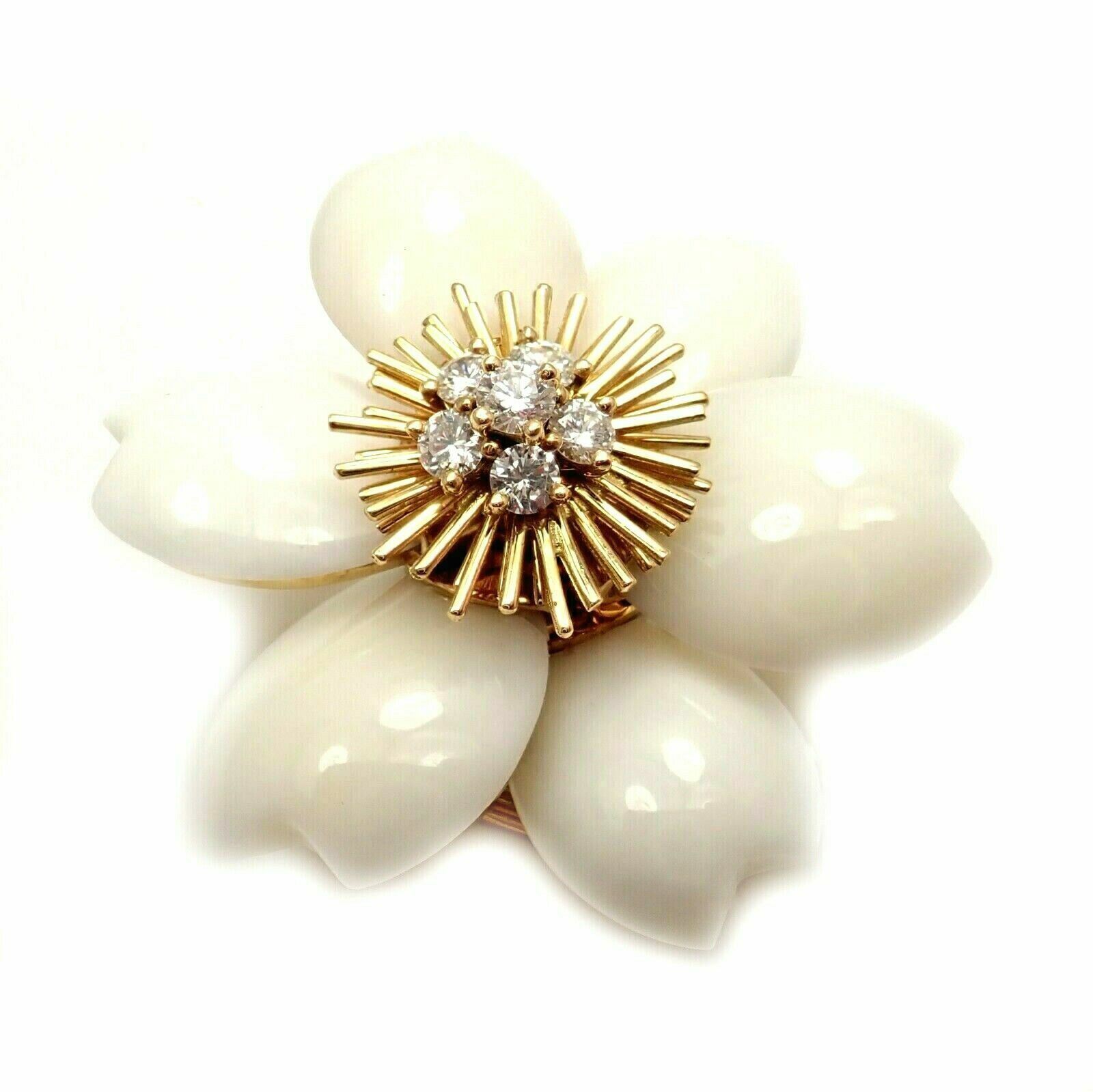 Van Cleef & Arpels Rose de Noel Diamond & White Coral Flower Yellow Gold Brooch - Luxury Jewelry Gift for Women, Perfect for Weddings & Special Occasions