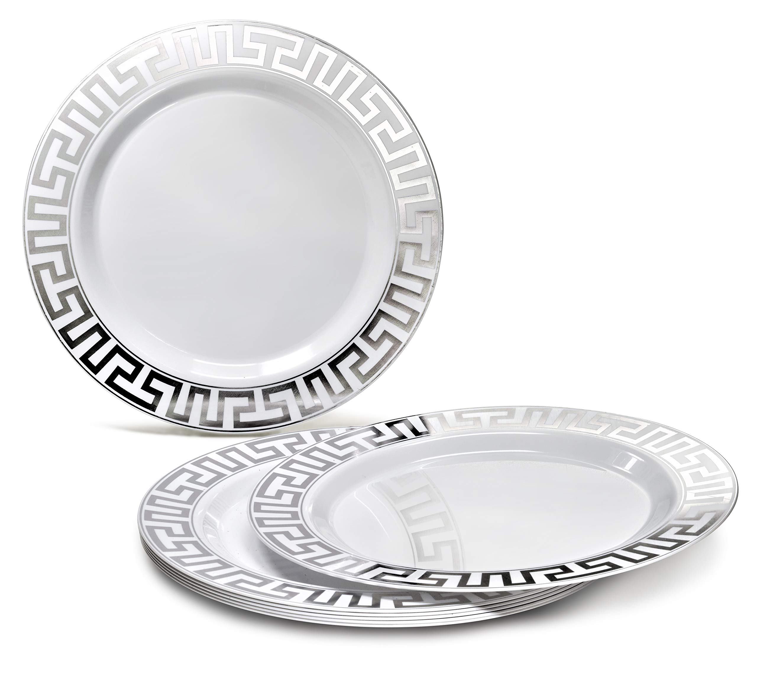 120 Heavyweight Disposable Plastic Plates 10.5 Inch - Elegant White & Silver Milano Design for Weddings, Parties, Events & Special Occasions | Durable Dinner Plates for Catering, Banquets & Home Entertaining
