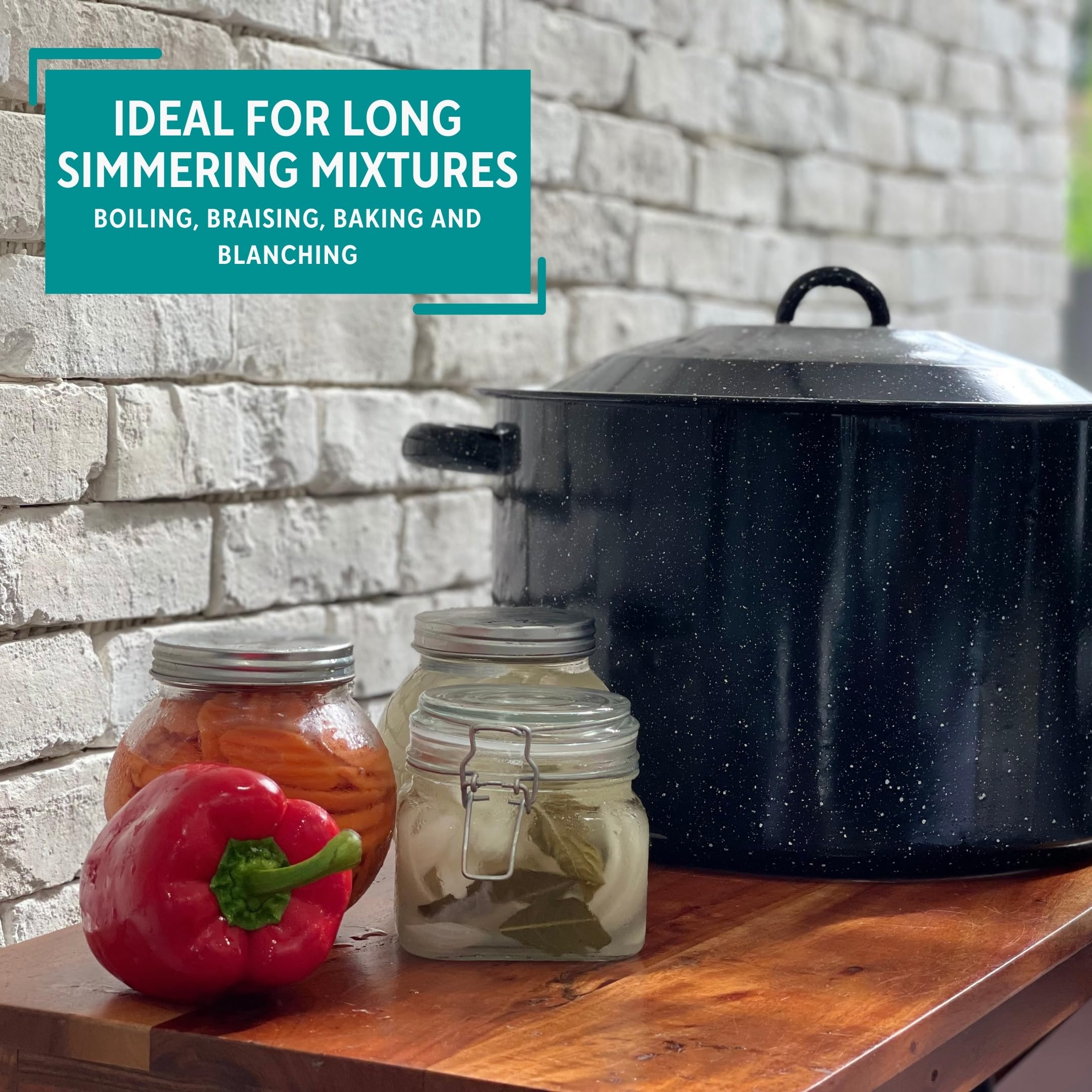 MIRRO 21 Quart Enamel Stock Pot with Lid and Steamer Rack - Large Black Dutch Oven for Soups, Stews, Canning & Home Cooking