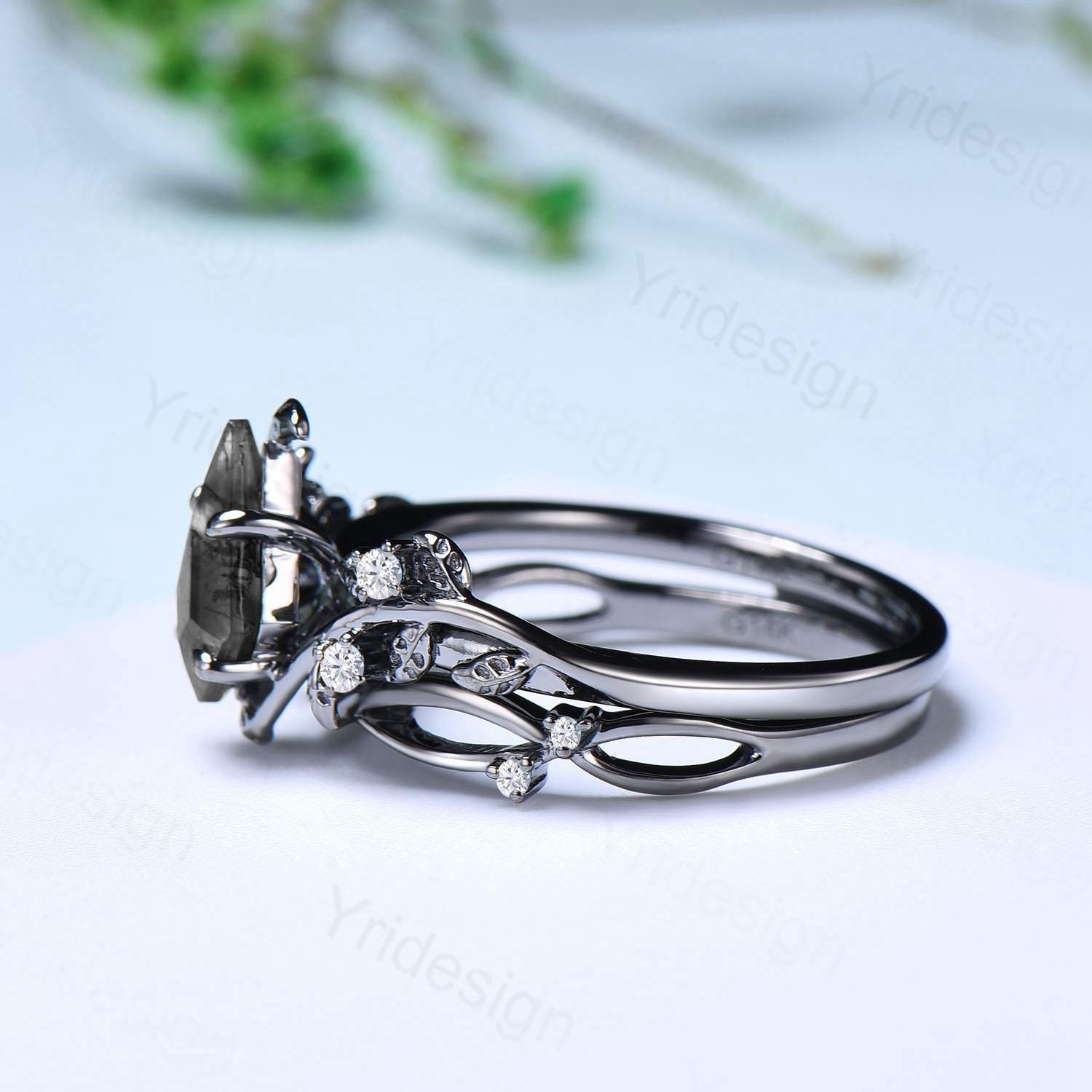 Vintage Kite Cut Salt and Pepper Diamond Engagement Ring - Nature Inspired Leaf Vine Bridal Set for Women | Unique Wedding Jewelry for Brides, Anniversary Gifts, and Romantic Proposals