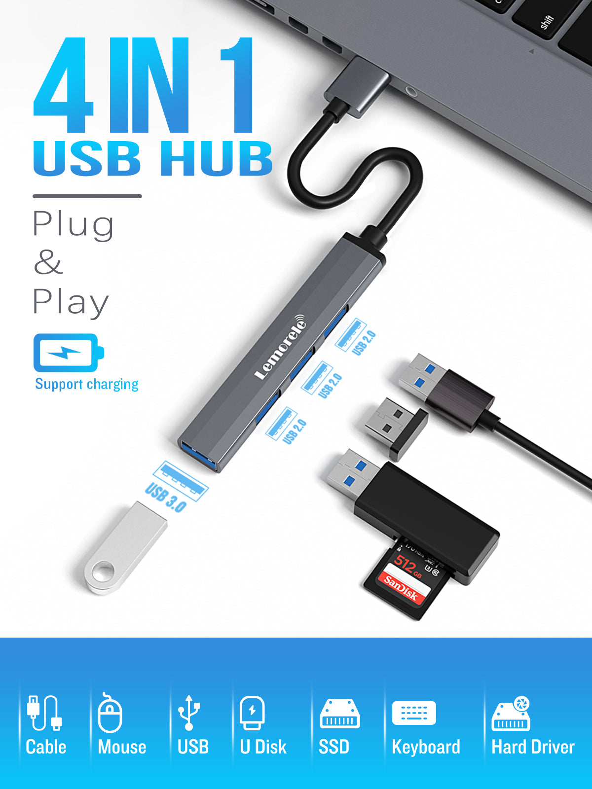 LEMORELE™ TC53 4-Port USB Hub - High-Speed Data Transfer for Laptop, PC, MacBook - Perfect for Home Office, Gaming & Travel Accessories
