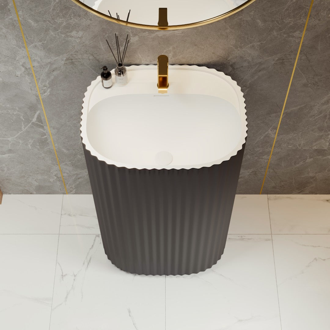 Eviva Haven 20 Inch Dark Gray Pedestal Solid Surface Bathroom Sink - Modern Vanity Basin for Bathroom Remodel & Powder Room Upgrade
