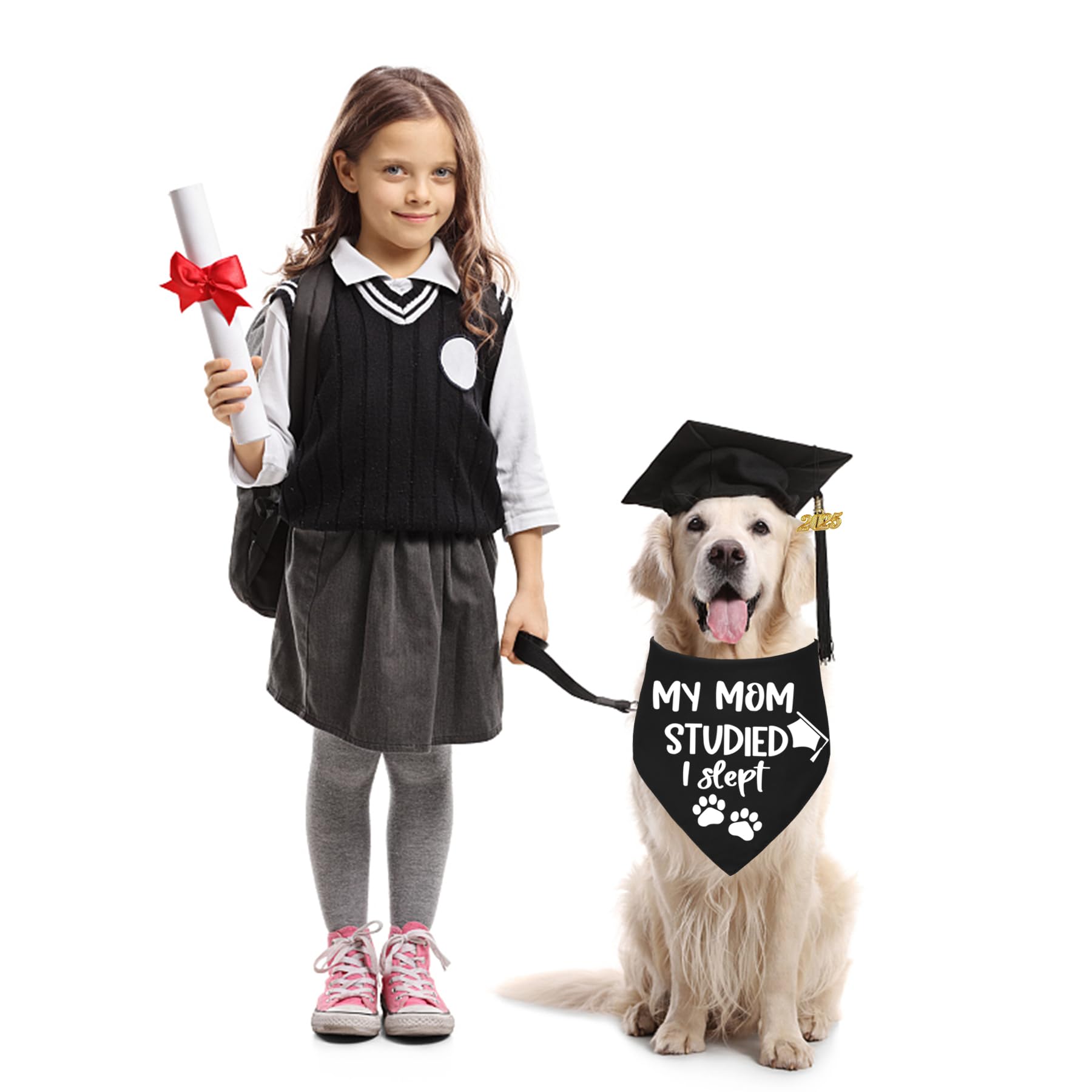 2025 Dog Graduation Cap & Bandana Set - Adjustable Pet Graduation Outfit with Tassel for Small, Medium & Large Dogs - Perfect Gift for Dog Graduation Ceremonies (Black, Cap & 'My Mom Studied I Slept' Bandana) - Great for Graduation Photos, Pawty Celebrations & Social Media Posts