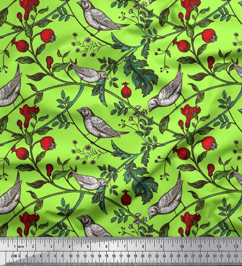 Soimoi 100% Cotton Poplin Fabric - Bird & Leaf Print Fabric by The Yard, 56