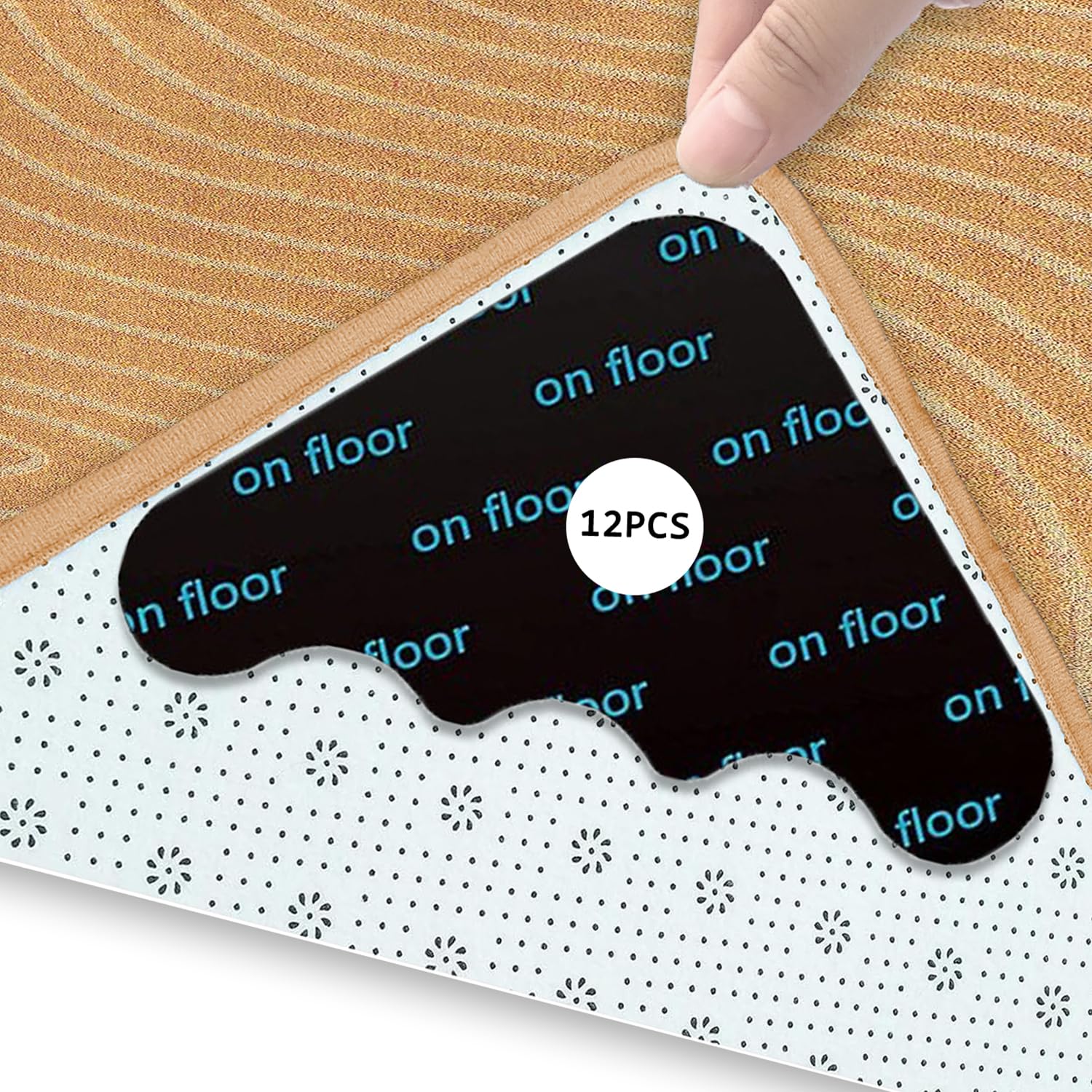 12-Pack Double Sided Carpet Tape - Non Slip Rug Gripper for Hardwood, Tile & Laminate Floors | Washable, Reusable & Traceless Rug Pad Grips | Perfect for Securing Rugs, Carpets & Area Rugs on Smooth Surfaces