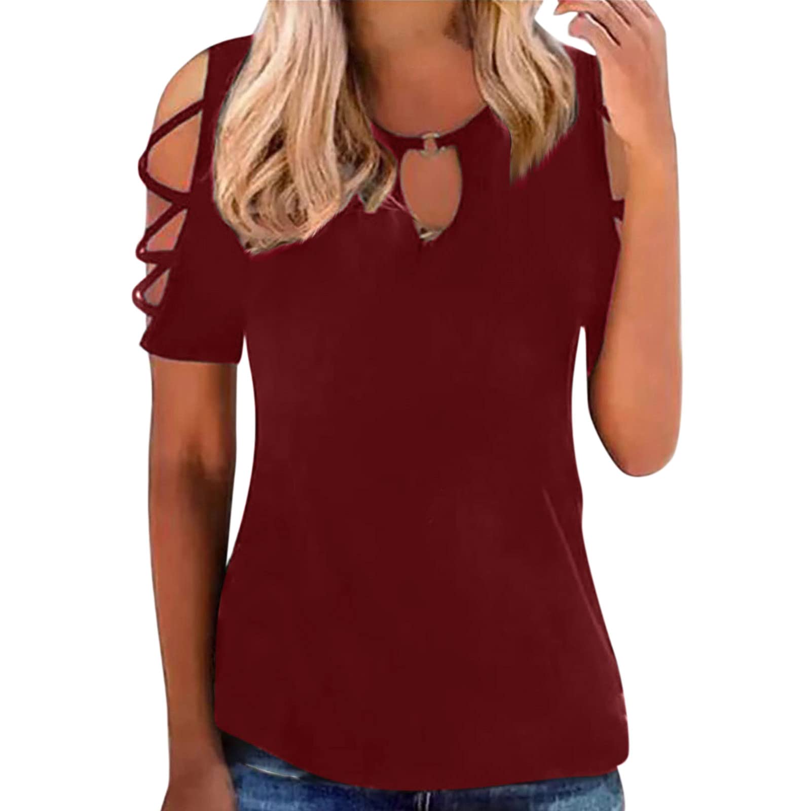 Sexy Hollow Cold Shoulder T-Shirts for Women - Summer Crewneck Loose Casual Tees with Short Sleeves | Comfortable Summer Tops for Beach, Party & Daily Wear
