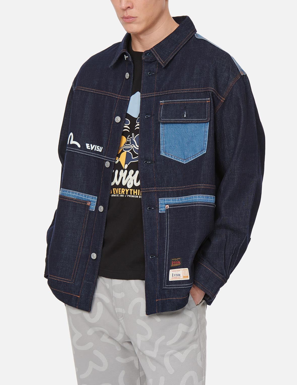 Vintage Handwritten Logo Embroidered Denim Shirt Jacket for Men & Women - Retro Distressed Denim Overshirt for Casual Outfits, Streetwear and Layering