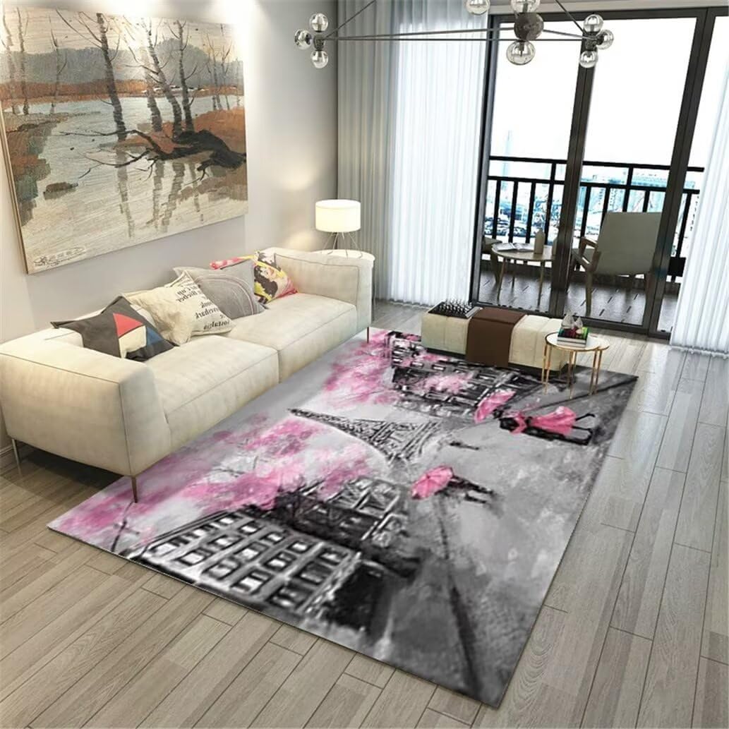 Pink Eiffel Tower Area Rug - Romantic Paris Street Design with Flowers, Non-Slip Floor Carpet for Living Room, Bedroom & Yoga - Perfect for Home Decor, Couples Gift & Meditation Space