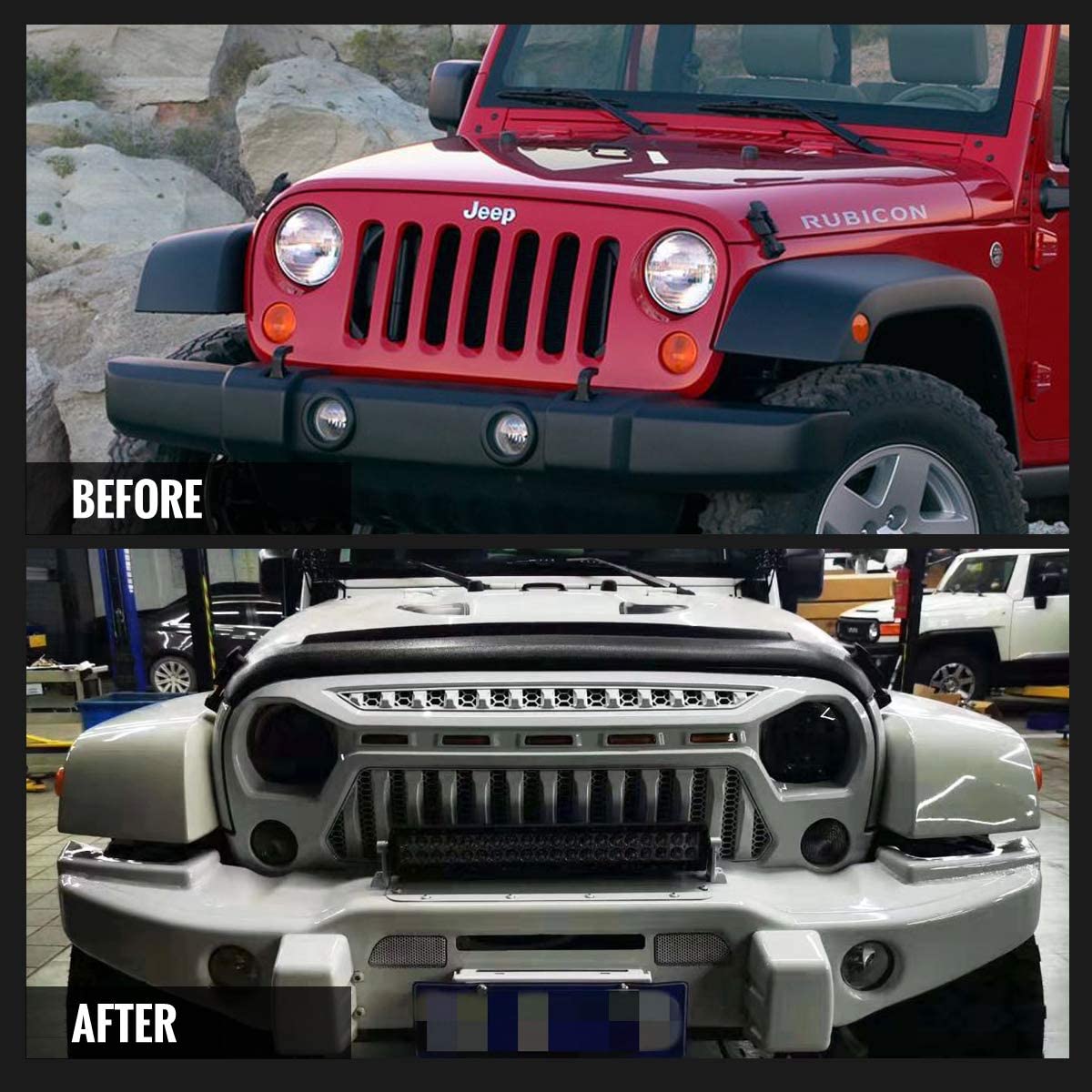 2007-2018 Jeep Wrangler JK JKU Front Grill Mesh Cover - Matte Black ABS with Amber LED Running Lights | Fits Unlimited Rubicon Sahara Sport Models | Off-Road Protection & Style Upgrade