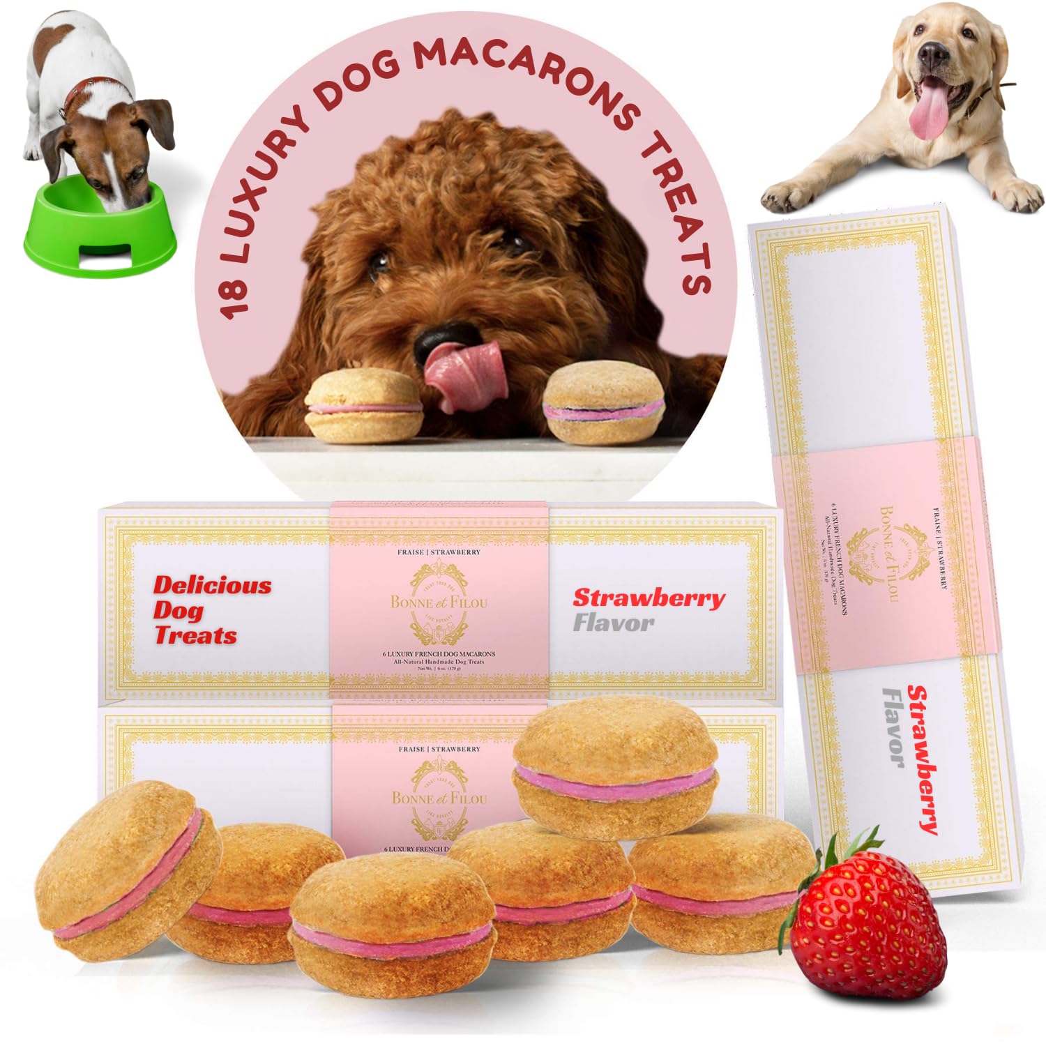Bonne et Filou Easter Dog Treats - Strawberry Flavored Cupcakes, 18 Count Bulk Gift Pack | Macaron Style Cakes | Healthy Human-Grade Snacks for Medium & Large Breed Dogs | Perfect for Easter Celebrations, Training Rewards & Special Occasions