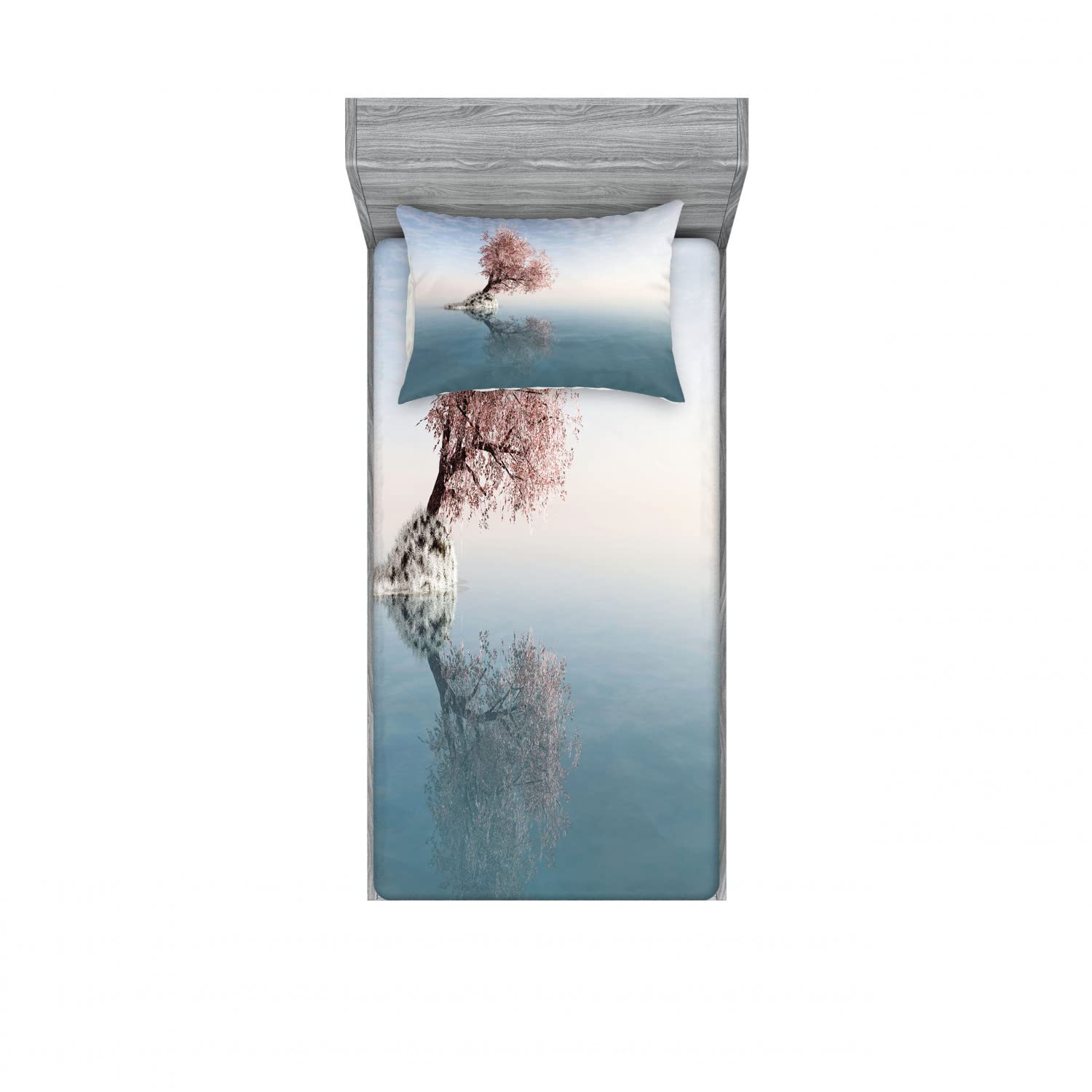 Ambesonne 2-Pack Nautical Twin Fitted Sheets & Pillow Sham Set - Lonely Tree in Water Design, Teal & Pink 4-Piece Bedding Decor for Coastal Themed Bedrooms, Guest Rooms & Dorm Rooms