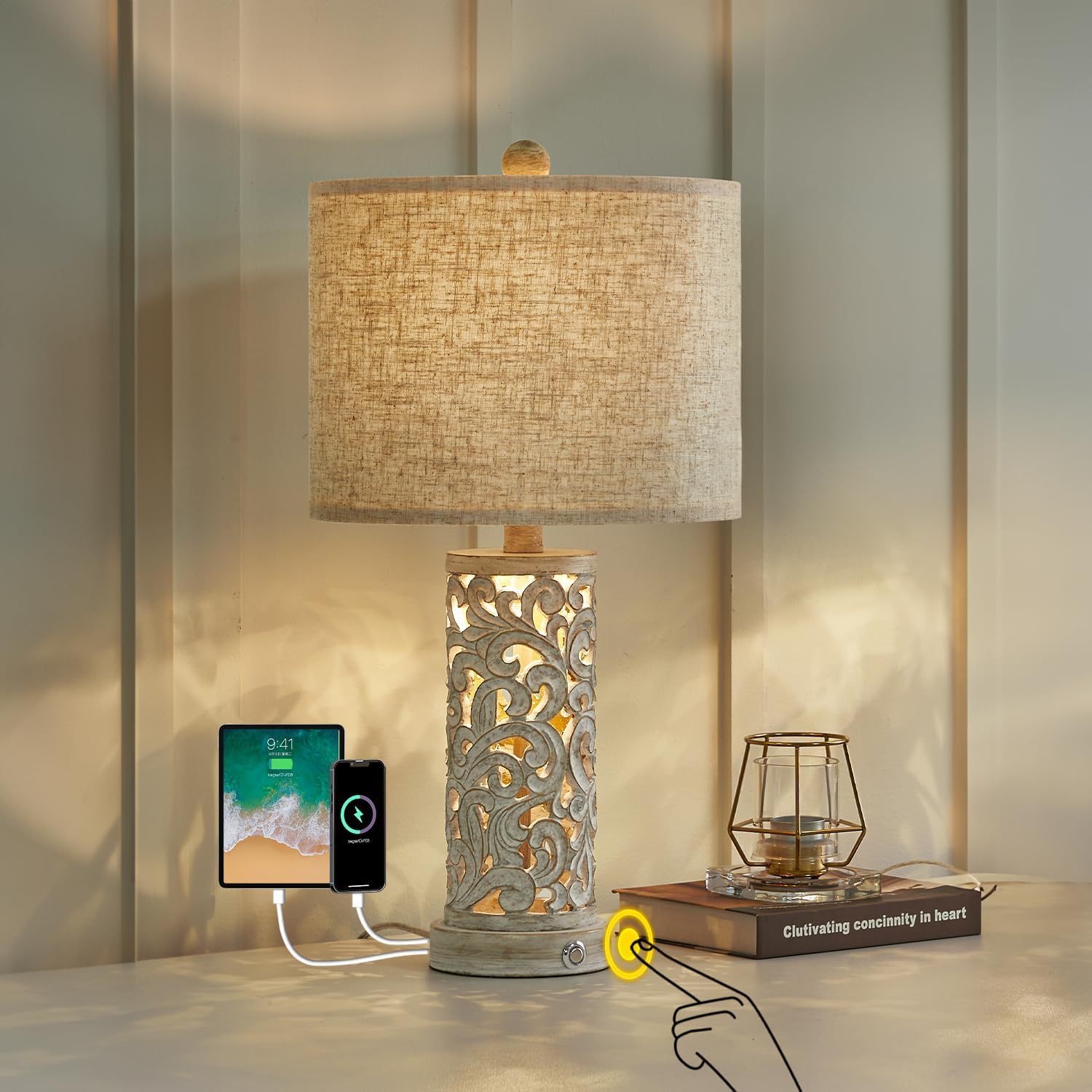 OYEARS 3-Way Dimmable 22'' USB A+C Touch Control Table Lamp with Nightlight - Modern Bedside Lamp for Living Room, Bedroom, Office & Nursery - Includes LED Bulb (Warm White/Cool White) - Perfect for Reading, Working & Relaxing at Night