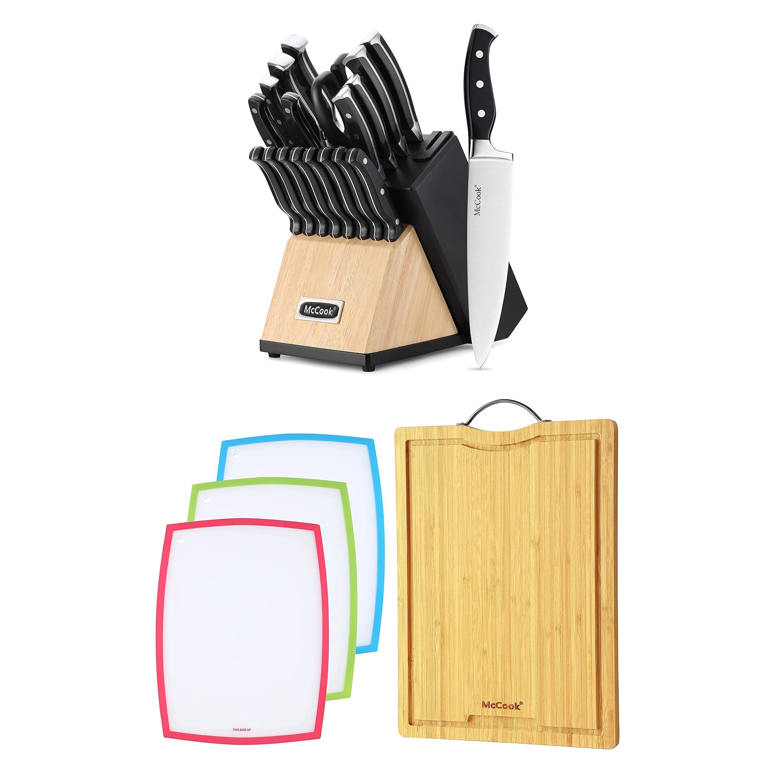 Premium German Stainless Steel Knife Block Set with Built-in Sharpener & 4-Piece Bamboo Cutting Board Set (15.4x10.2x0.8 in) - Perfect for Kitchen, Cooking, and Food Prep