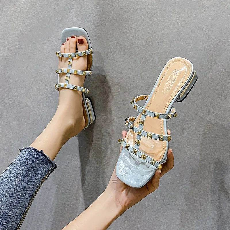 2023 Summer Women's Low Heel Rivet Sandals - Fashion Thin Ribbon Korean Design Girls Shoes, Large Size Comfortable Slip-On Slippers - Perfect for Beach, Vacation & Casual Outings