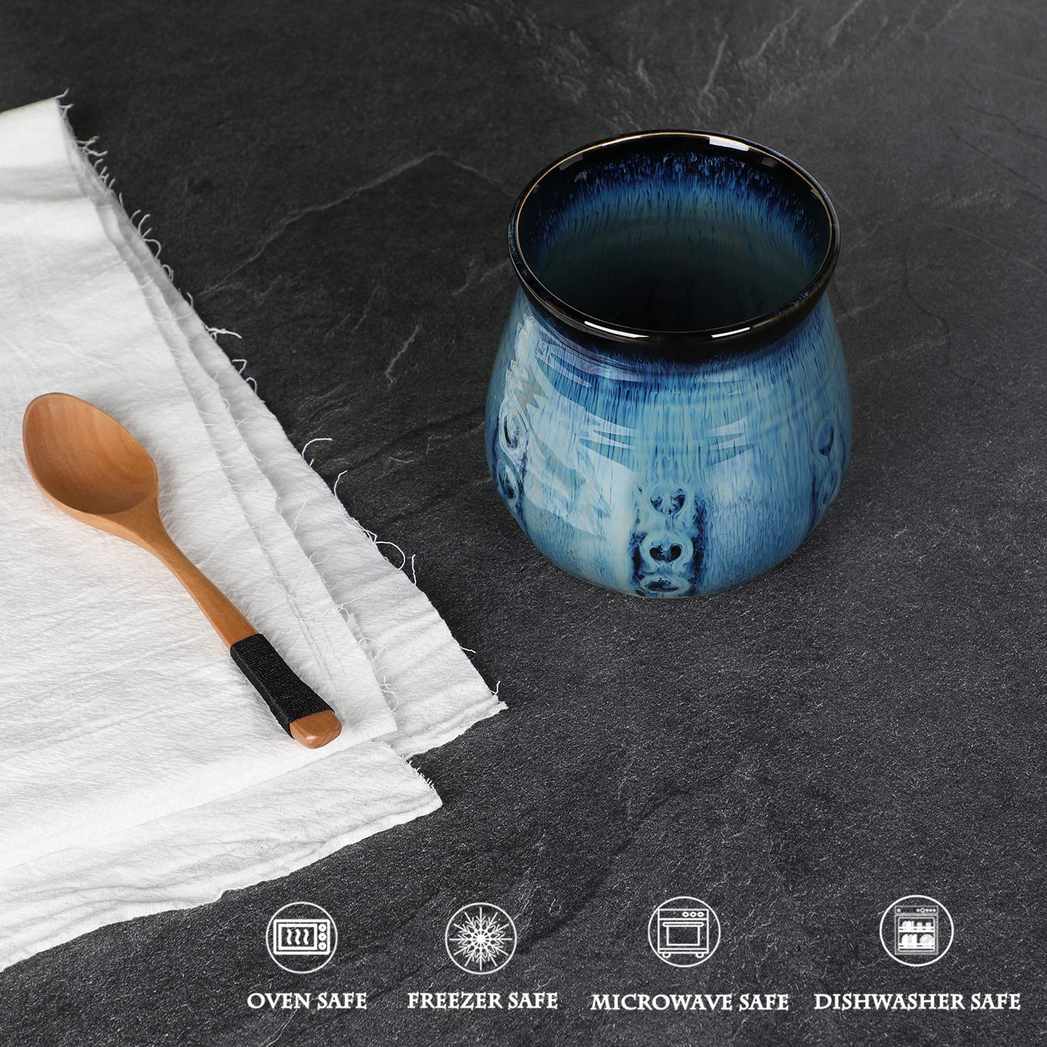 HAOTOP 30oz Ceramic Utensil Holder - Porcelain Kitchen Tool Organizer with Gradient Blue Design, Easy to Clean | Perfect for Spoons, Forks & Cooking Utensils Storage on Countertop