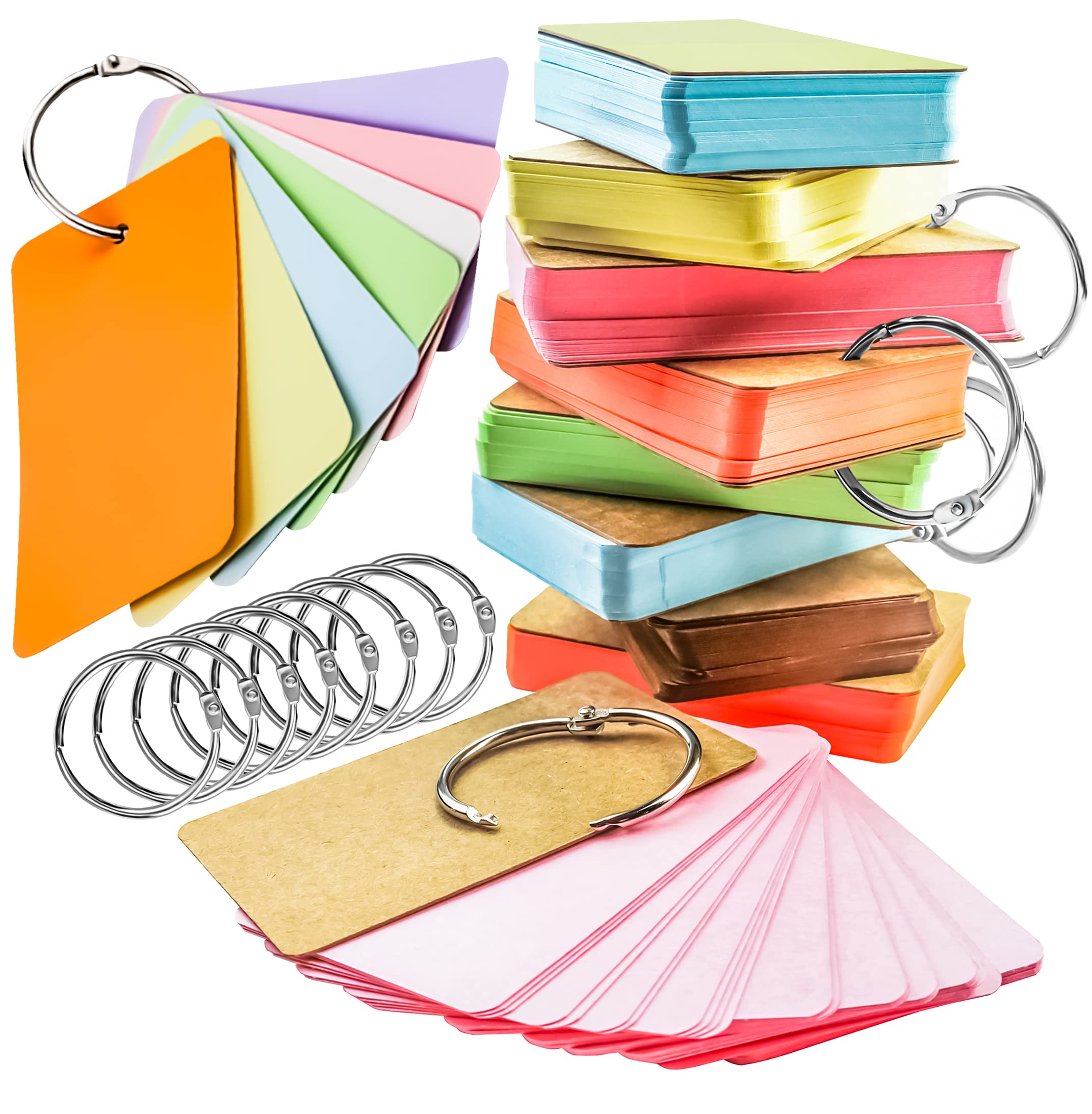 MotBach 400PCS Colored Blank Flash Cards with Rings - 8 Color Index Cards for Study Notes, Memory Games & Recipe Organization (3.5