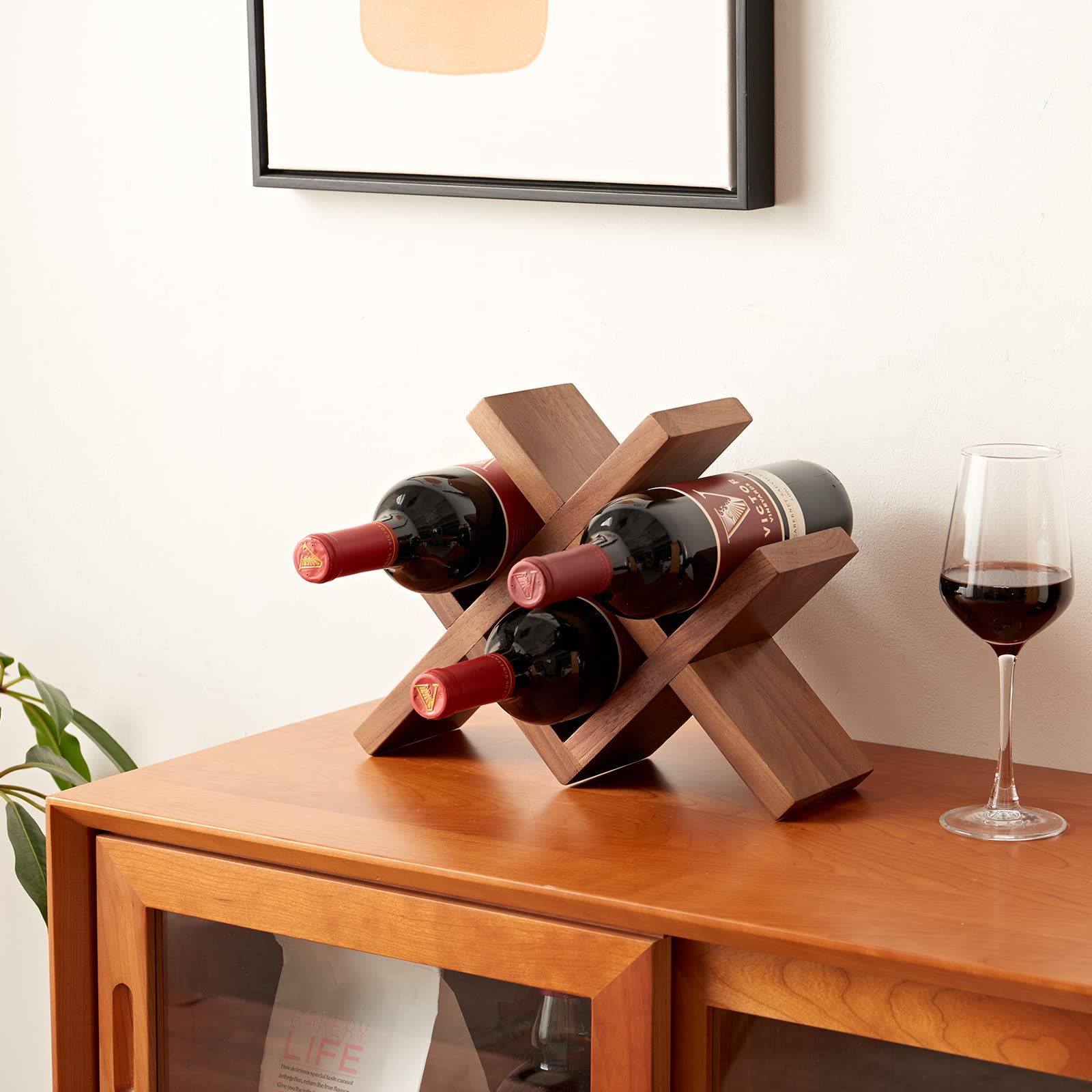 Solid Oak Wood Countertop Wine Rack - 4 Bottle Holder for Wine, Beer & Drinks - Durable Walnut Organizer for Home Bar, Kitchen & Cellar - Perfect for Entertaining & Space Saving Storage