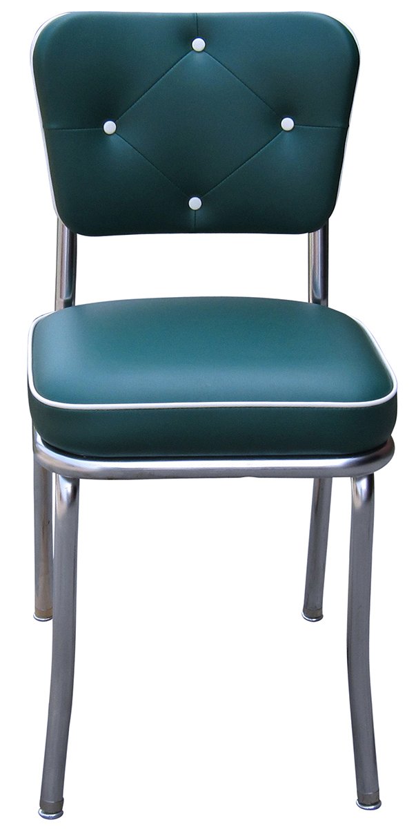 Vintage Style Chrome Diner Chair with Button Tufted Back & Cushioned Box Seat - Retro Green Metal Kitchen Chair for Home, Cafe & Restaurant (Set of 2) - Perfect for Breakfast Nooks, Kitchen Islands & Retro Dining Areas