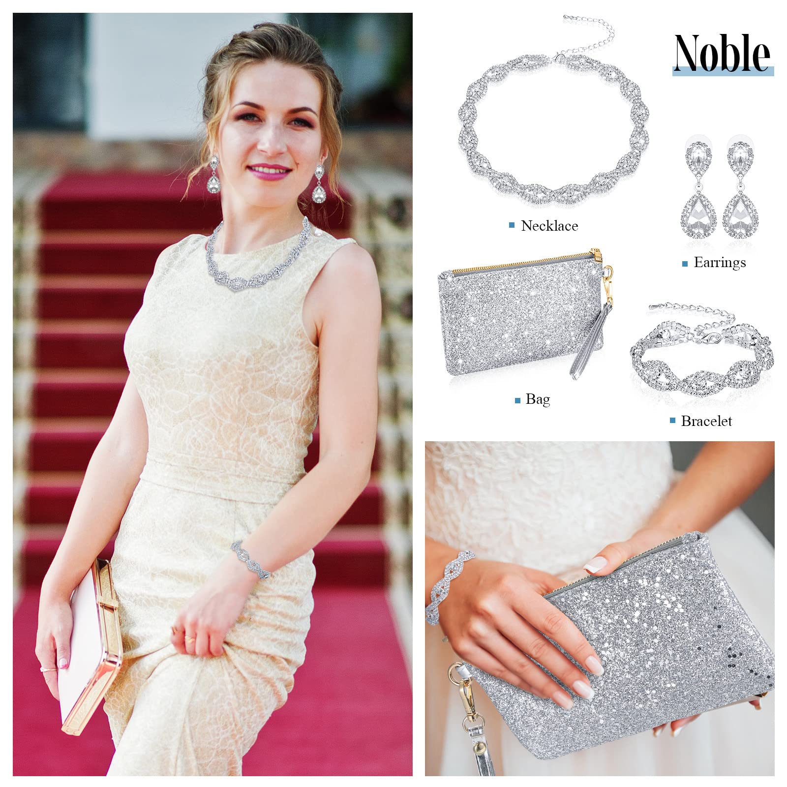 Sanwuta 4 Pcs Silver Clutch Purses for Women - Rhinestone Jewelry Set with Necklace, Earrings & Bracelet - Elegant Evening Prom Accessories for Parties, Weddings & Special Occasions