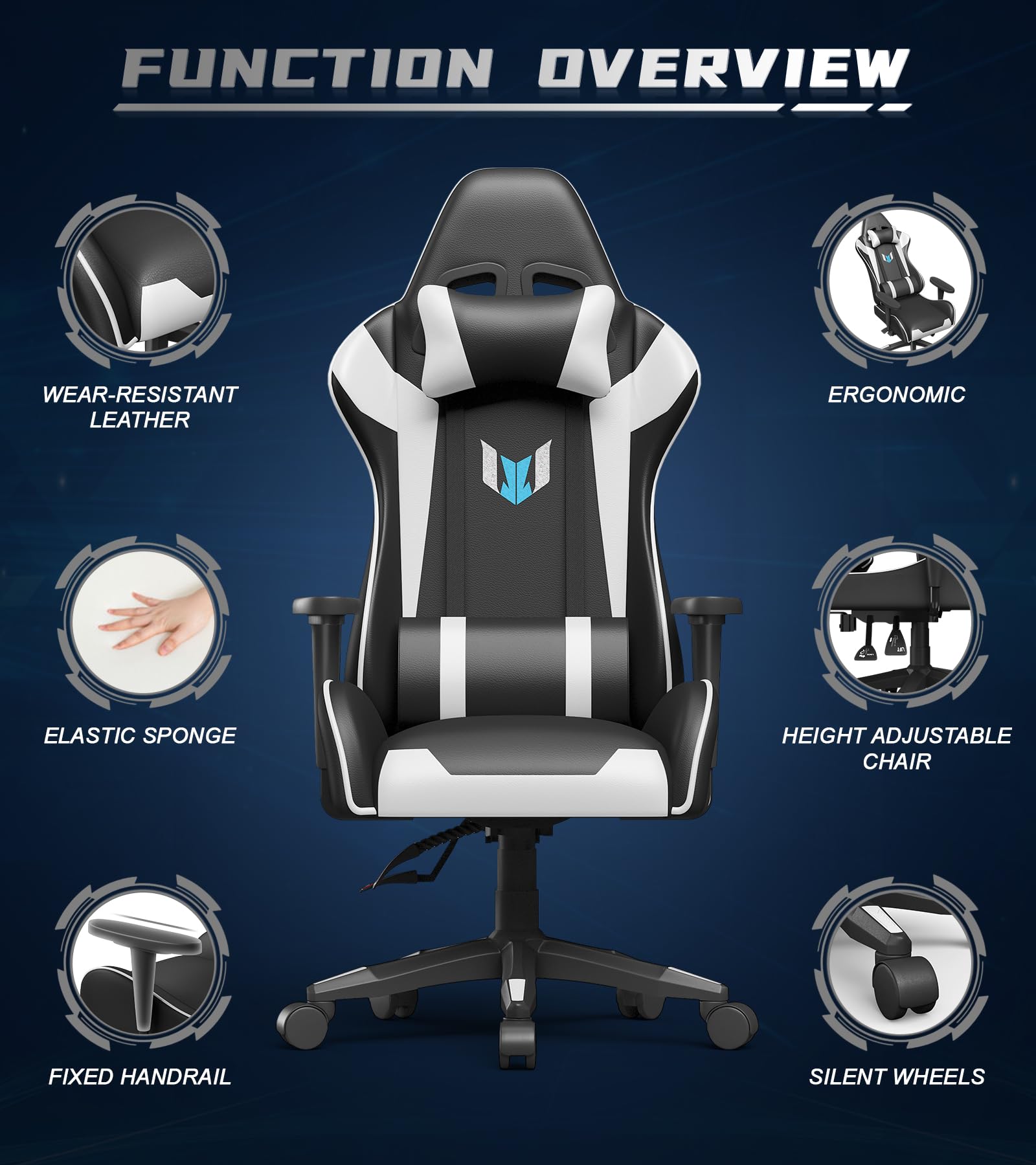 Bigzzia Ergonomic Gaming Chair - Adjustable Height Swivel Office Desk Chair with Lumbar & Headrest Support, Racing Style PU Leather Computer Chair for Video Gamers (Black/White) - Perfect for Esports, Streaming & Home Office Workspace